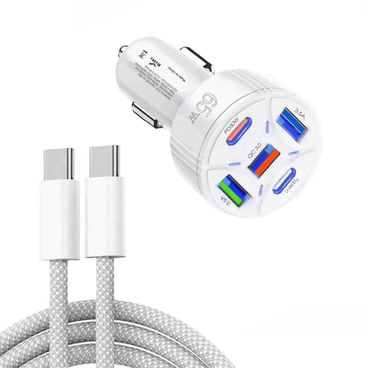 TE-P50 65W PD30W Type-C x 2 + USB x 3 Multi Port Car Charger with 1m Type-C to Type-C Data Cable(White)