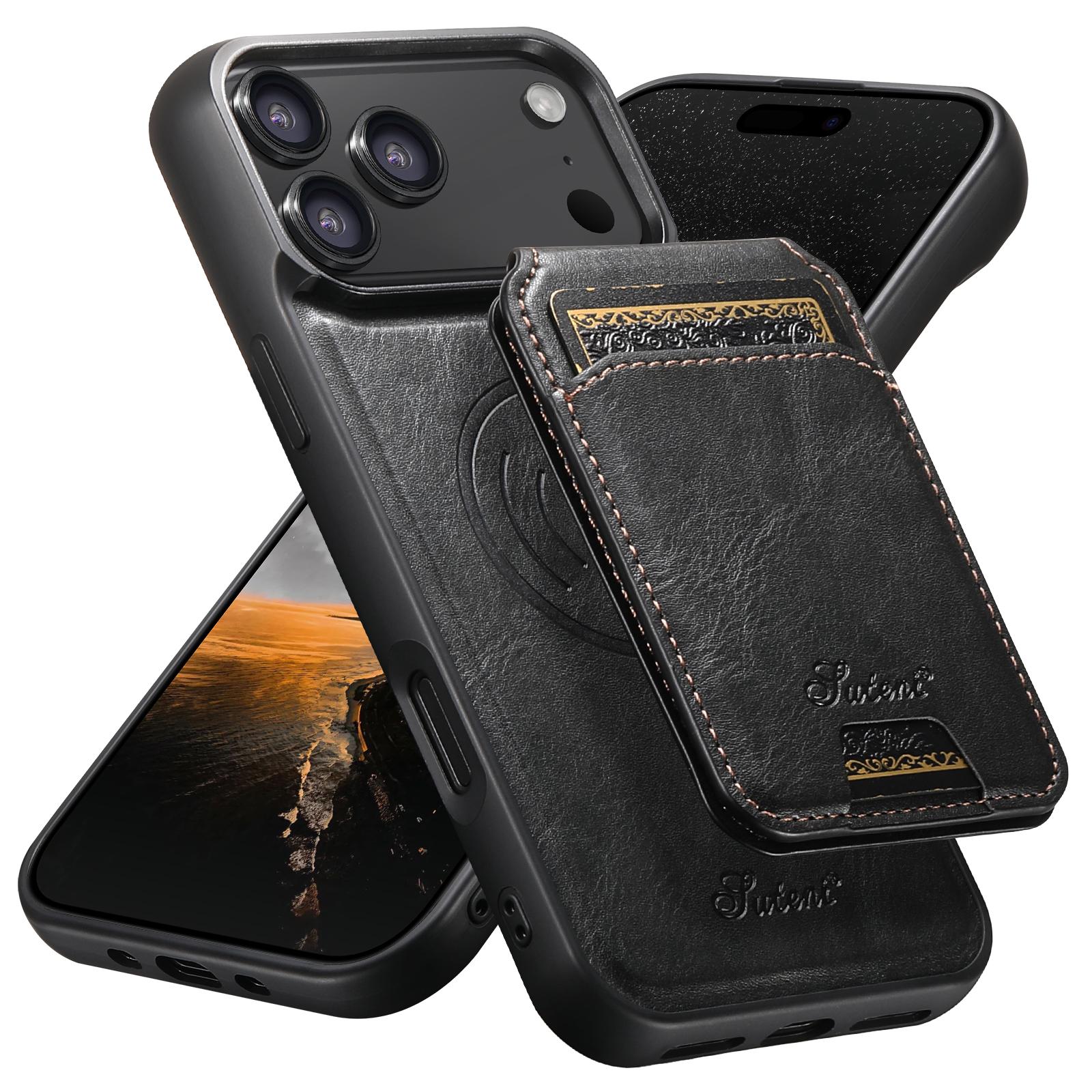 Compatible with iPhone 18 Pro Suteni H15 MagSafe Oil Eax Leather Detachable Wallet Back Phone Case - Black