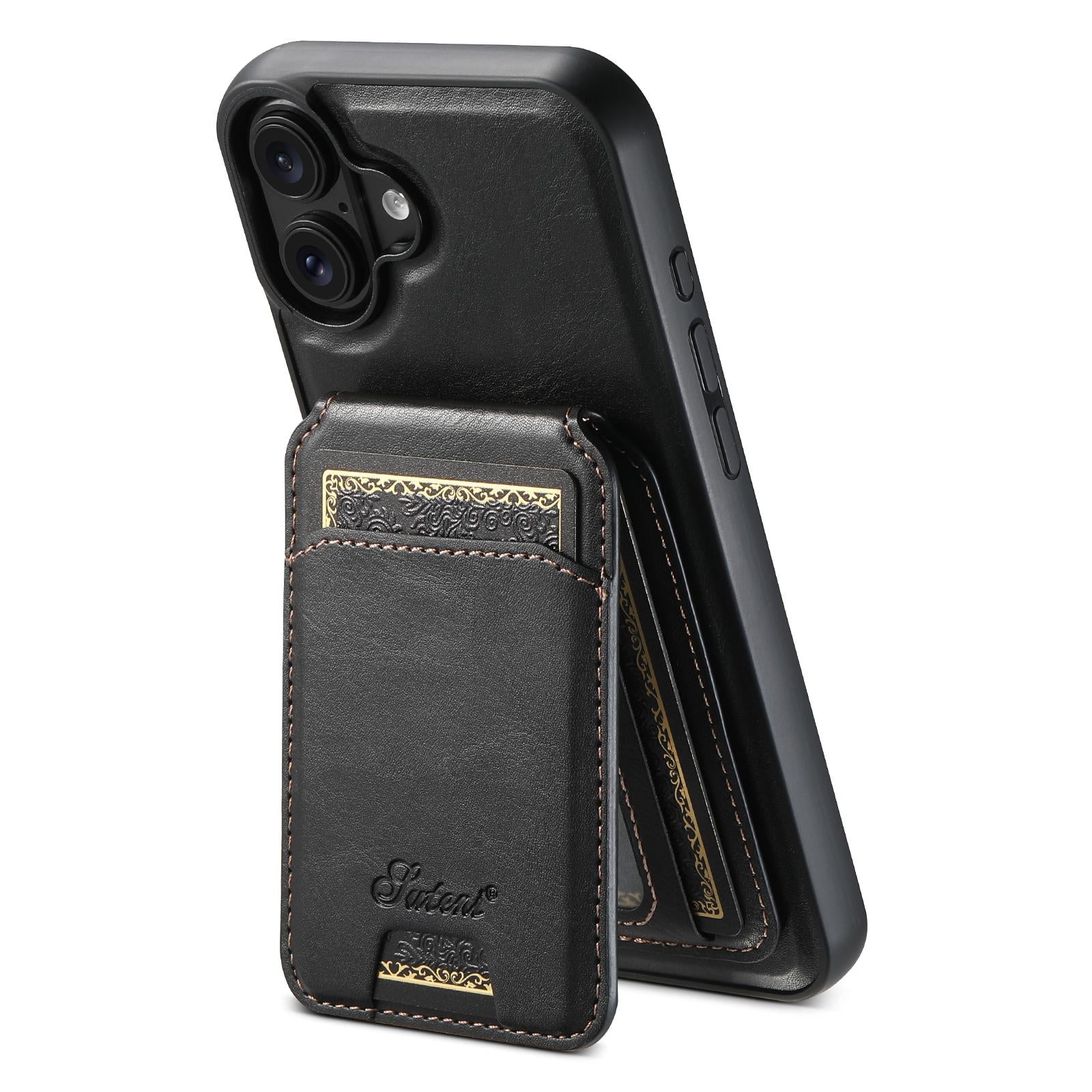 Compatible with iPhone 18 Suteni H15 MagSafe Oil Eax Leather Detachable Wallet Back Phone Case - Black