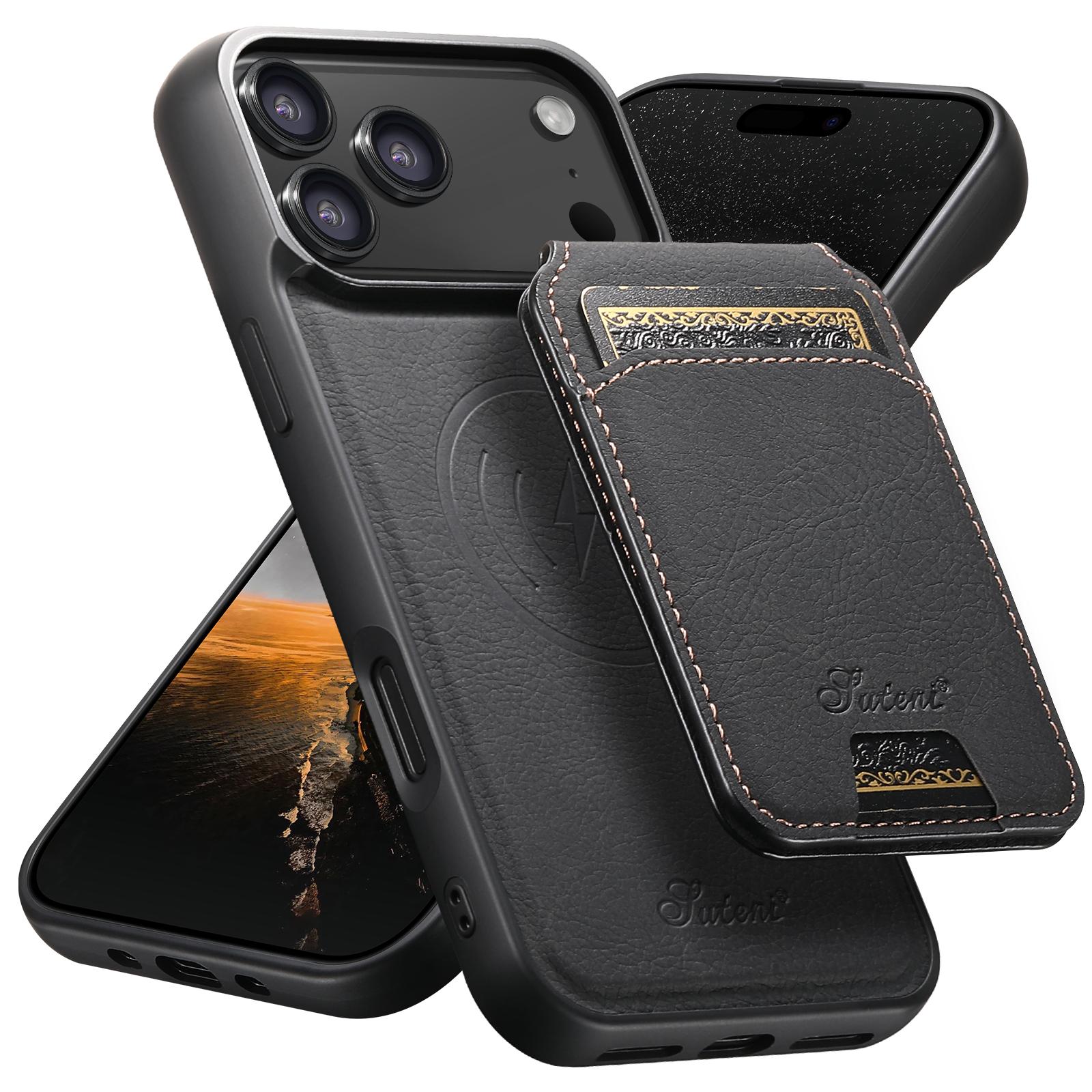 Compatible with iPhone 18 Pro Suteni H16 Litchi Texture Leather Detachable Wallet Back Phone Case - Black