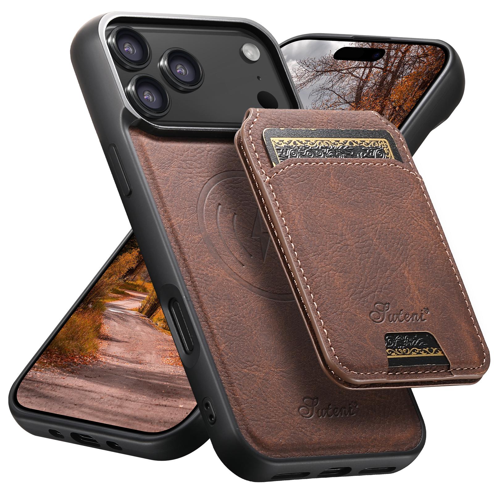Compatible with iPhone 18 Pro Suteni H16 Litchi Texture Leather Detachable Wallet Back Phone Case - Brown