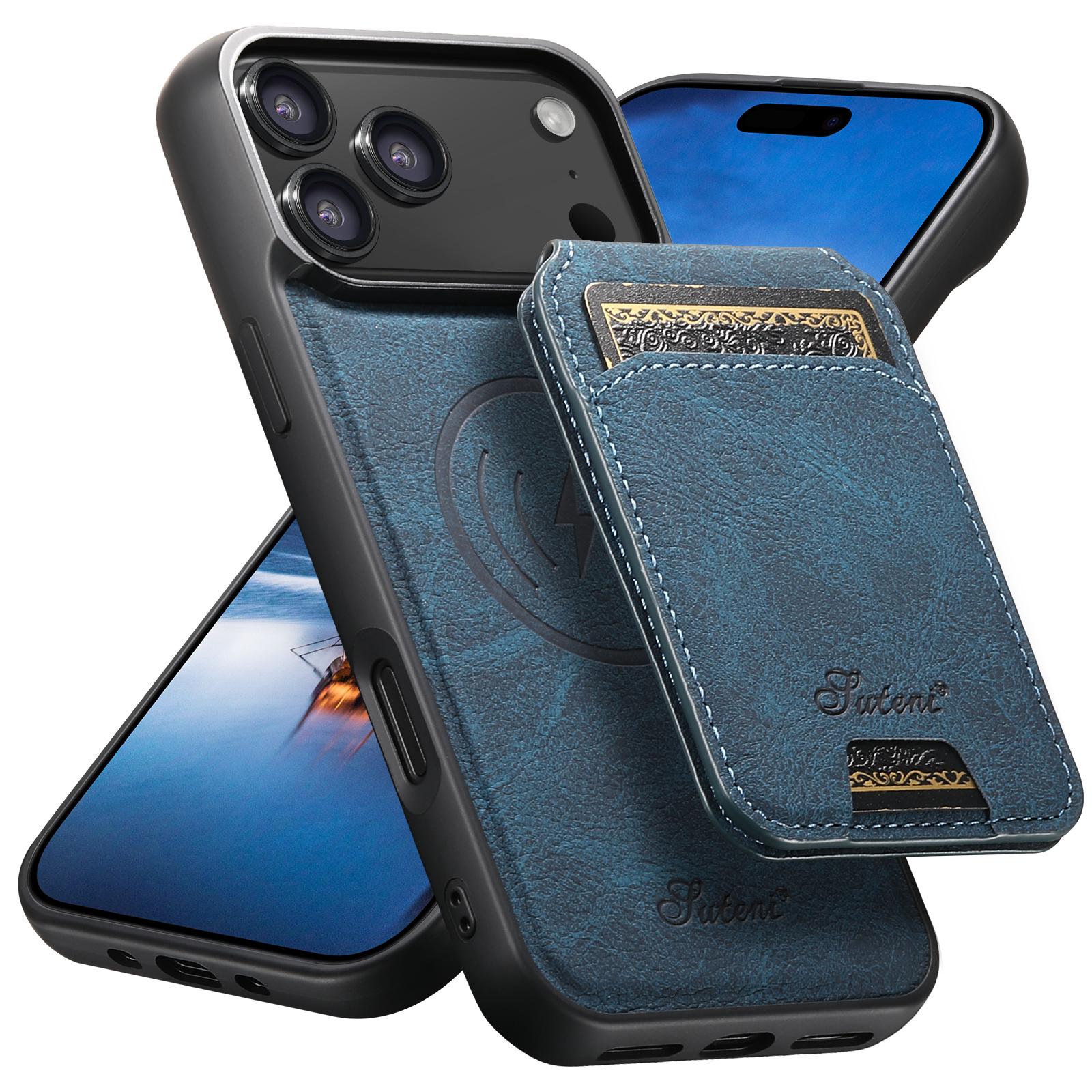 Compatible with iPhone 18 Pro Suteni H16 Litchi Texture Leather Detachable Wallet Back Phone Case - Blue