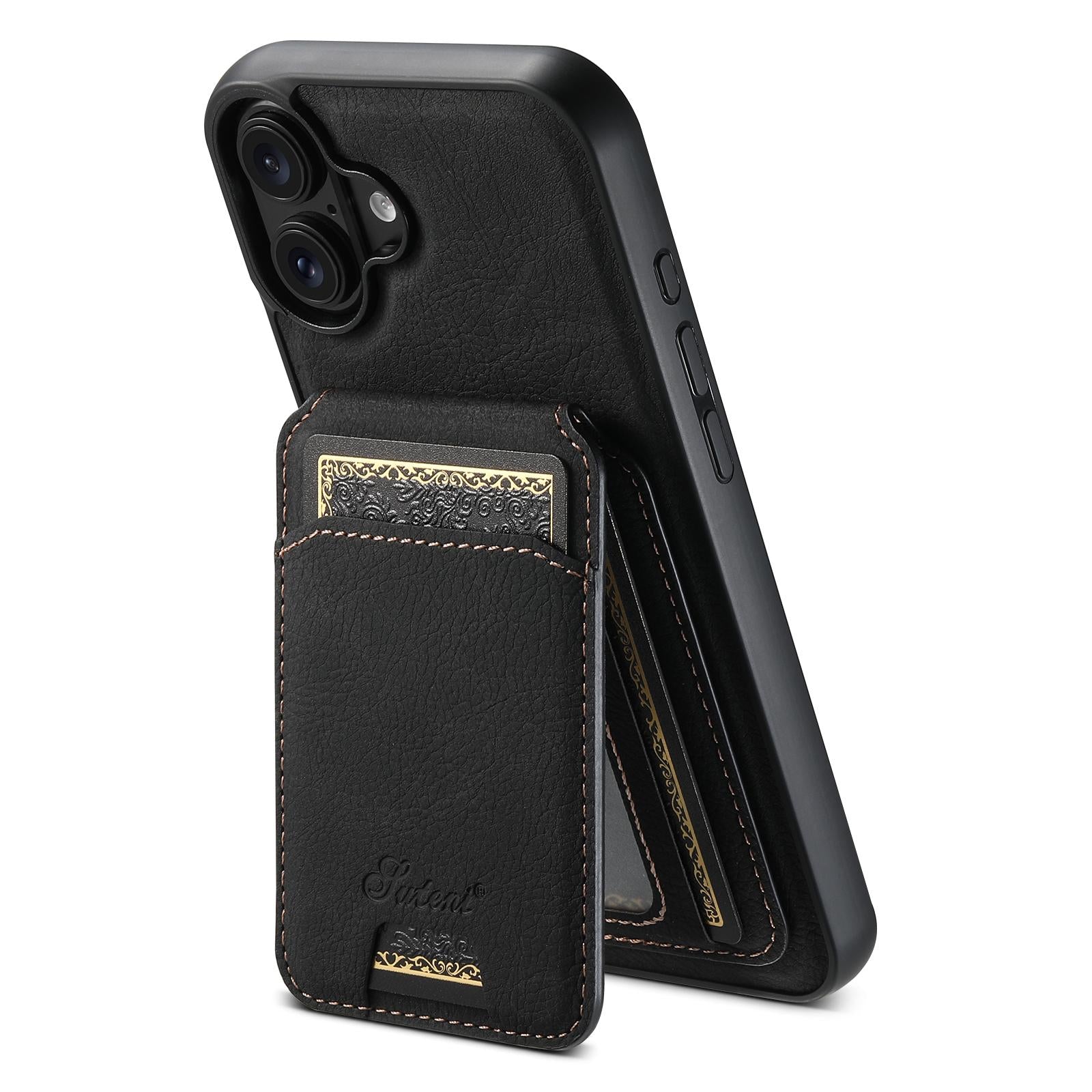 Compatible with iPhone 18 Suteni H16 Litchi Texture Leather Detachable Wallet Back Phone Case - Black