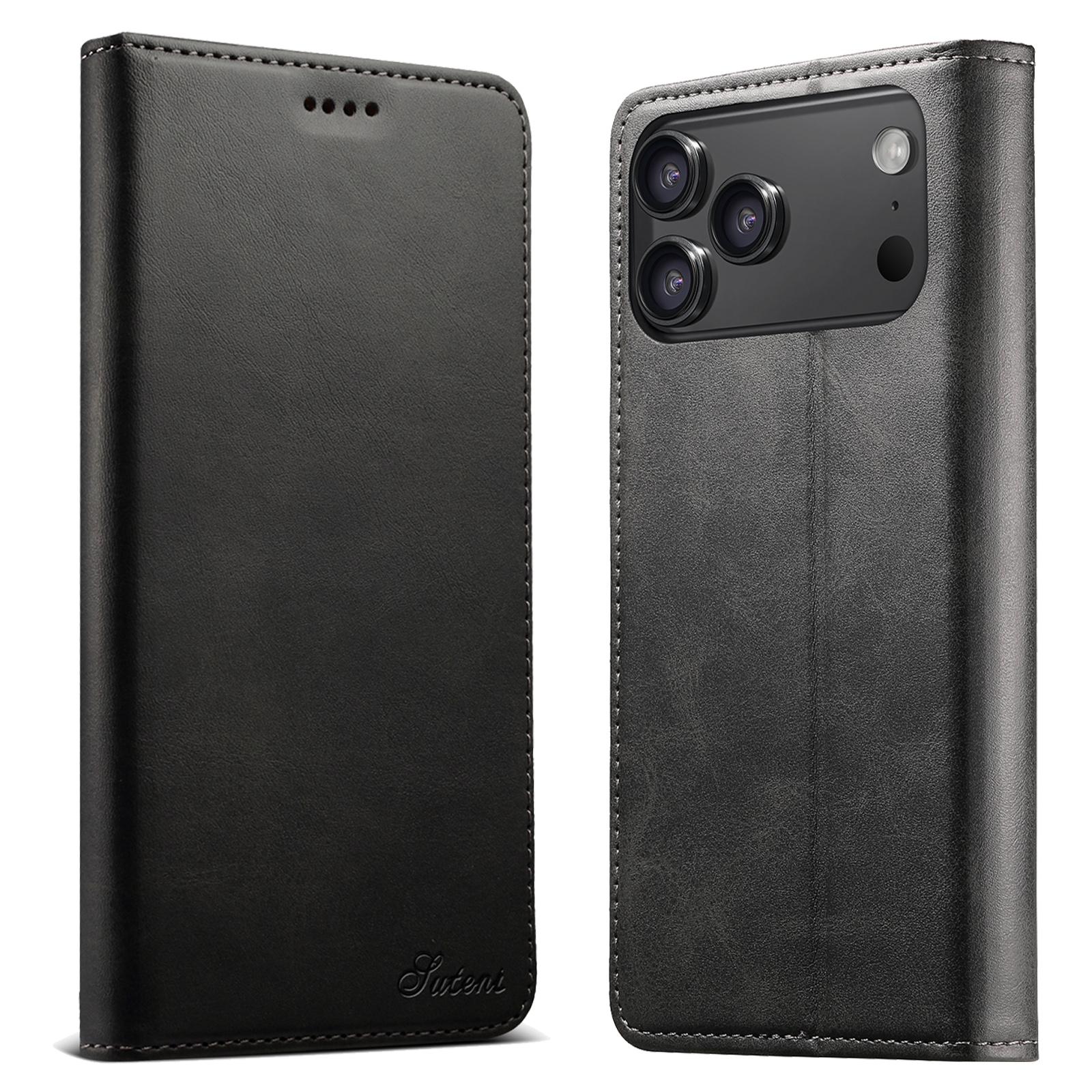 Compatible with iPhone 18 Pro Suteni Calf Texture Horizontal Flip Leather Phone Case - Black
