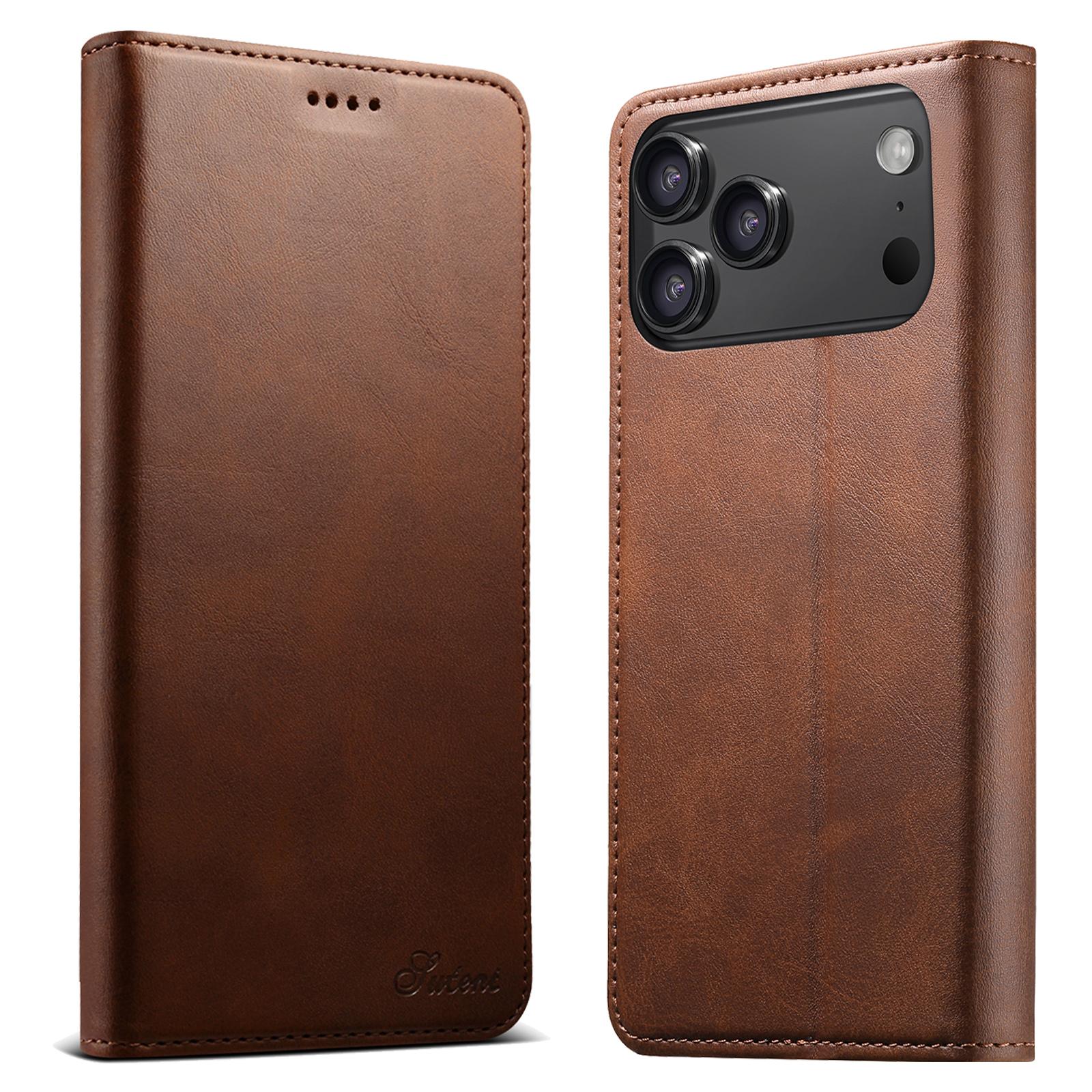 Compatible with iPhone 18 Pro Suteni Calf Texture Horizontal Flip Leather Phone Case - Brown
