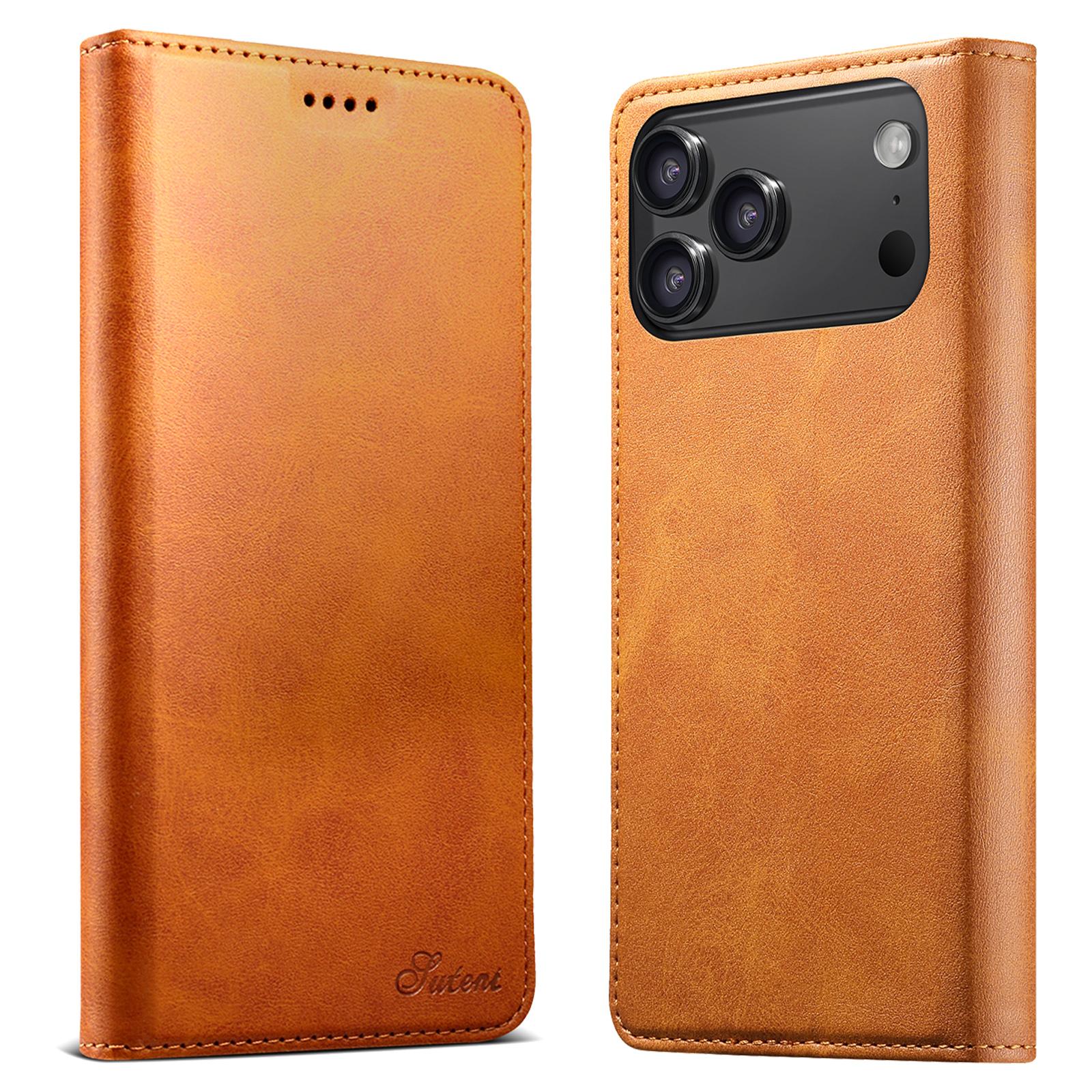 Compatible with iPhone 18 Pro Suteni Calf Texture Horizontal Flip Leather Phone Case - Khaki