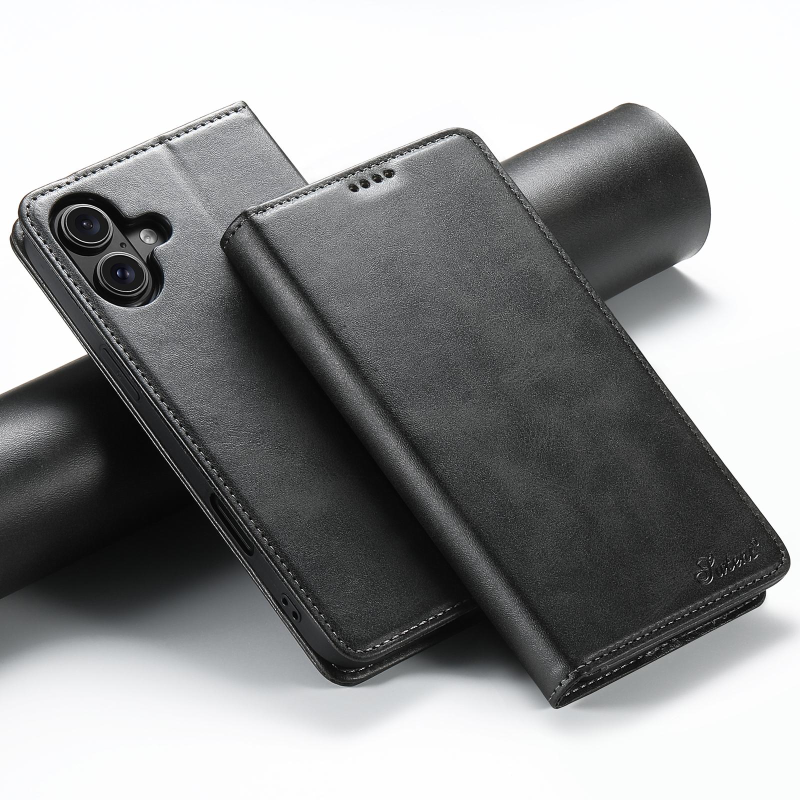 Compatible with iPhone 18 Suteni Calf Texture Horizontal Flip Leather Phone Case - Black