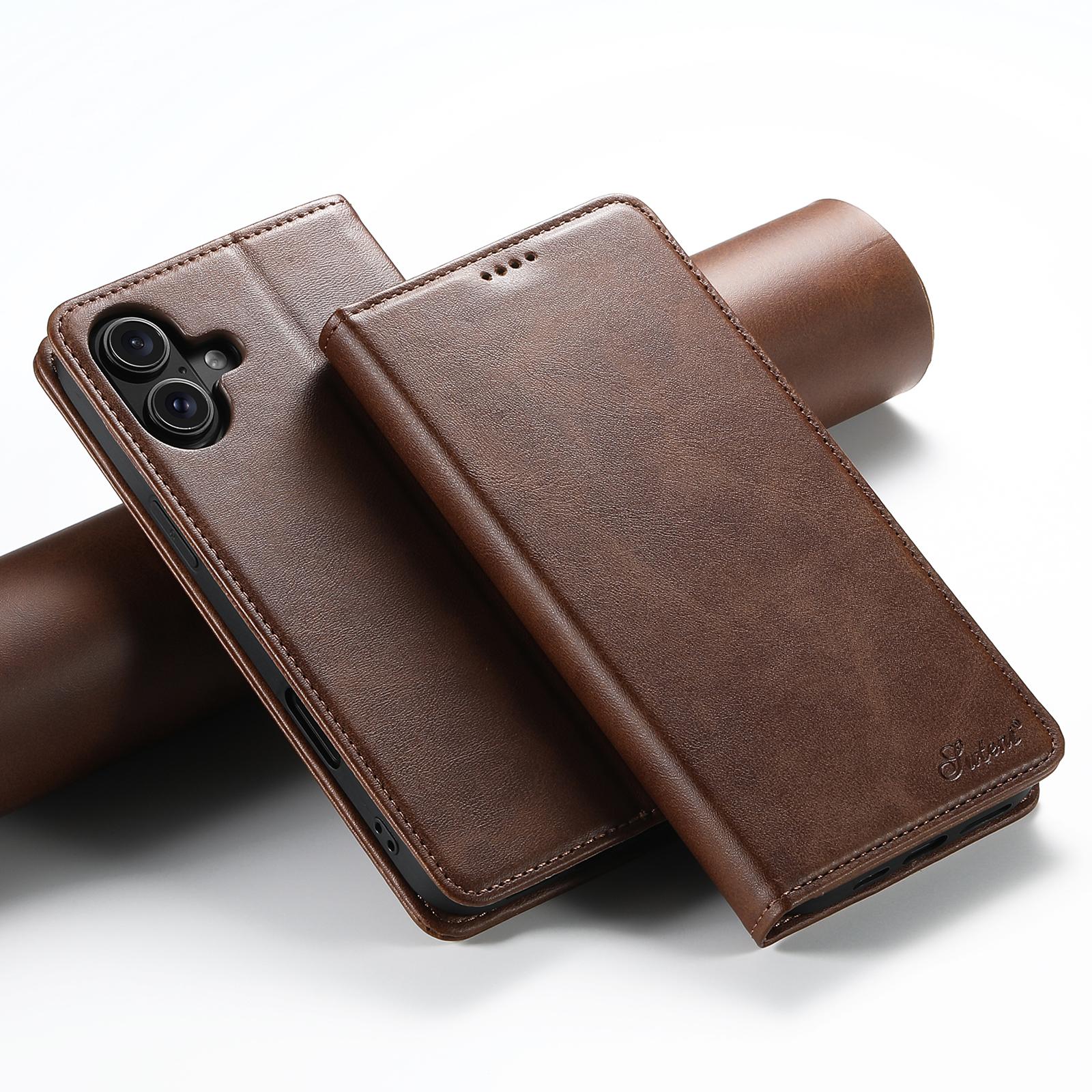 Compatible with iPhone 18 Suteni Calf Texture Horizontal Flip Leather Phone Case - Brown