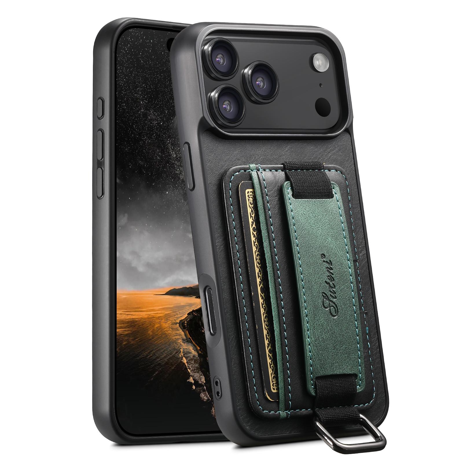 Compatible with iPhone 18 Pro Suteni H13 Card Wallet Wrist Strap Holder PU Phone Case - Black