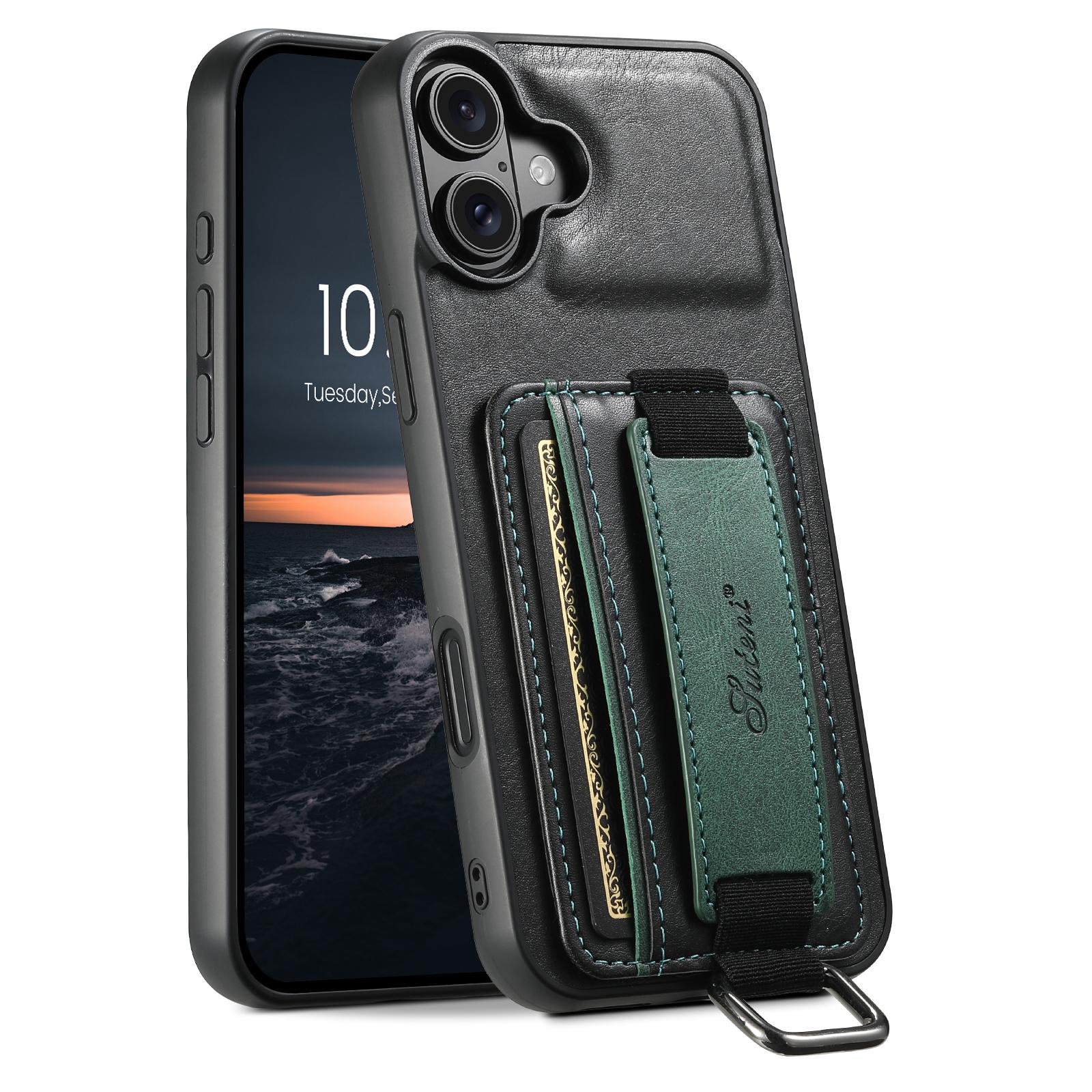Compatible with iPhone 18 Suteni H13 Card Wallet Wrist Strap Holder PU Phone Case - Black