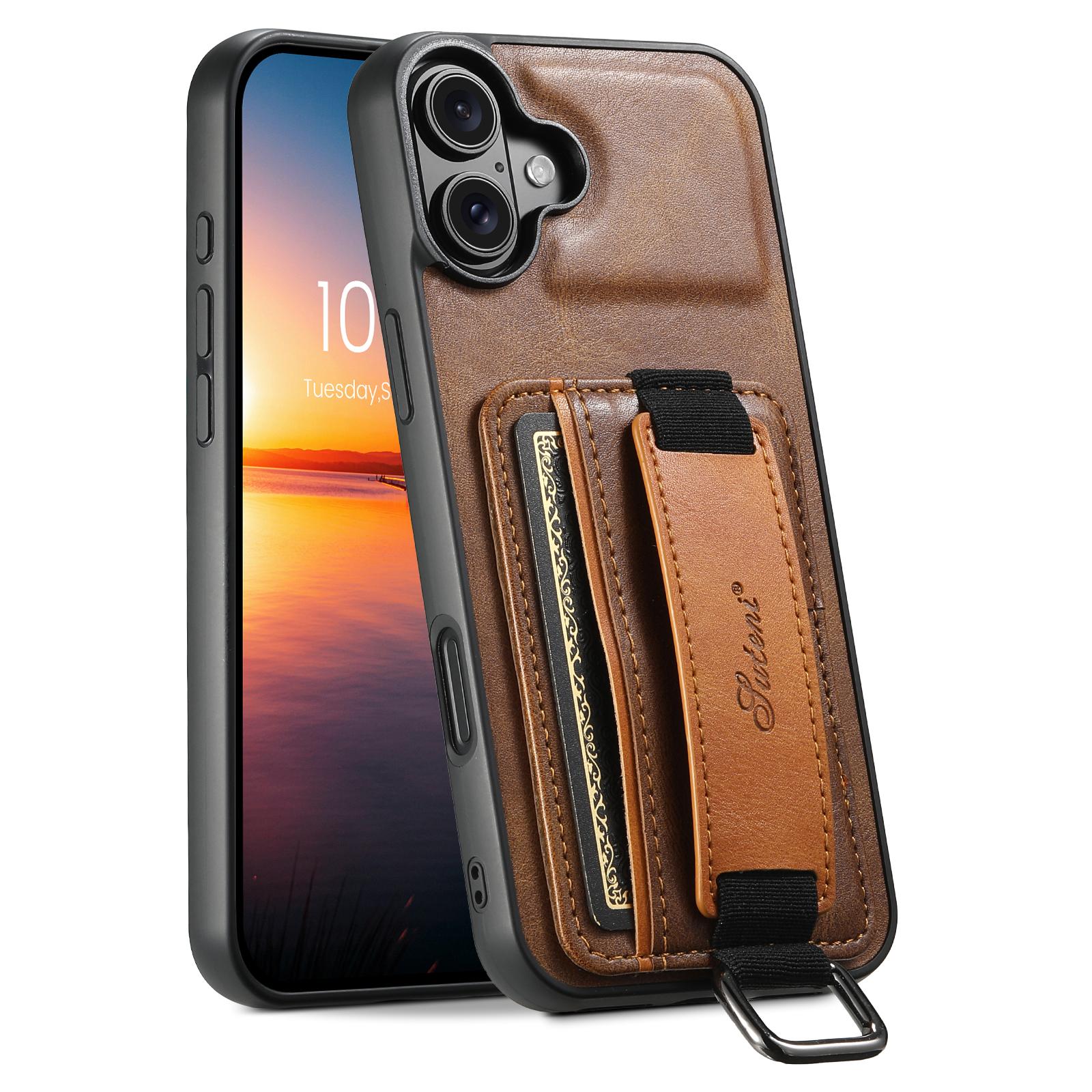 Compatible with iPhone 18 Suteni H13 Card Wallet Wrist Strap Holder PU Phone Case - Brown