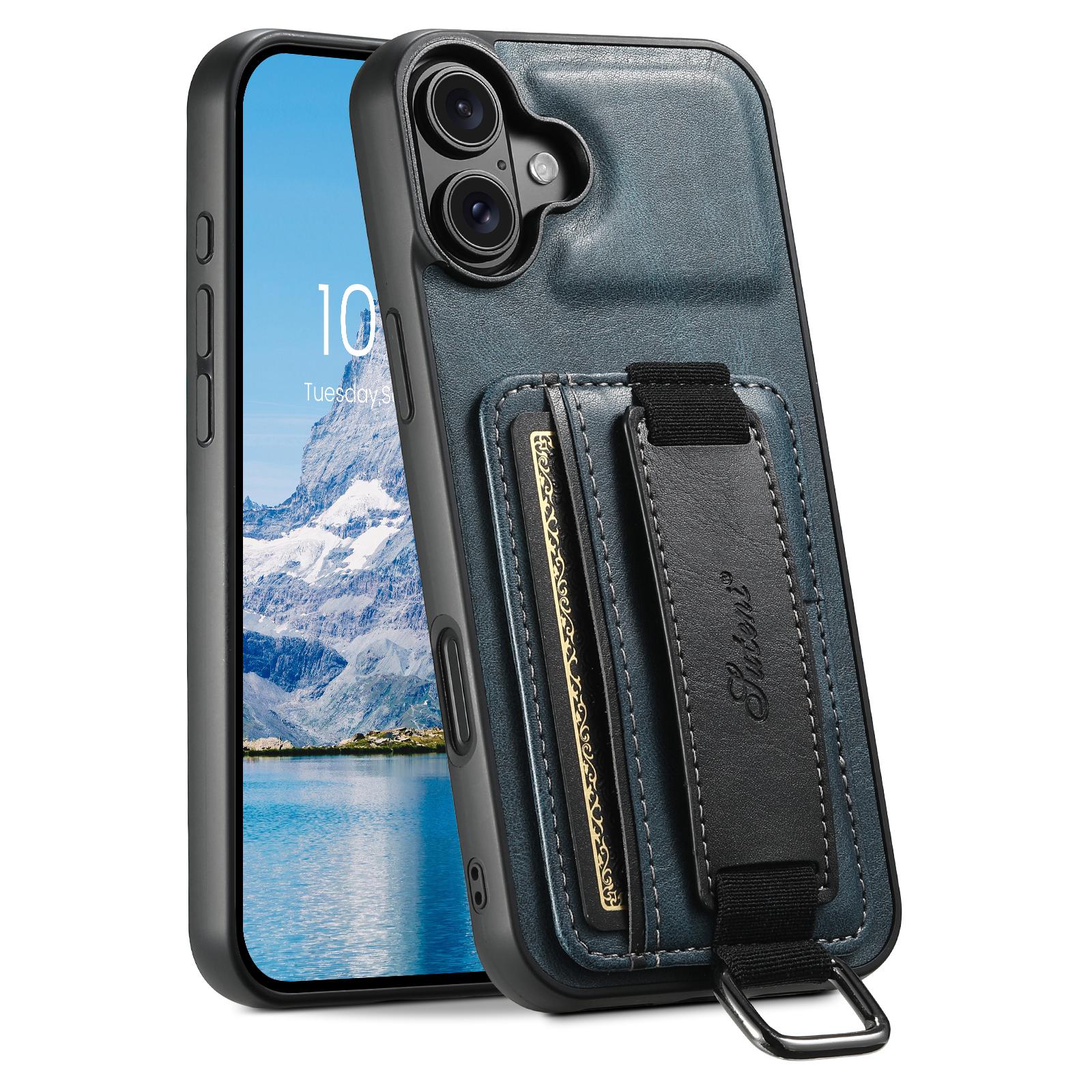 Compatible with iPhone 18 Suteni H13 Card Wallet Wrist Strap Holder PU Phone Case - Blue
