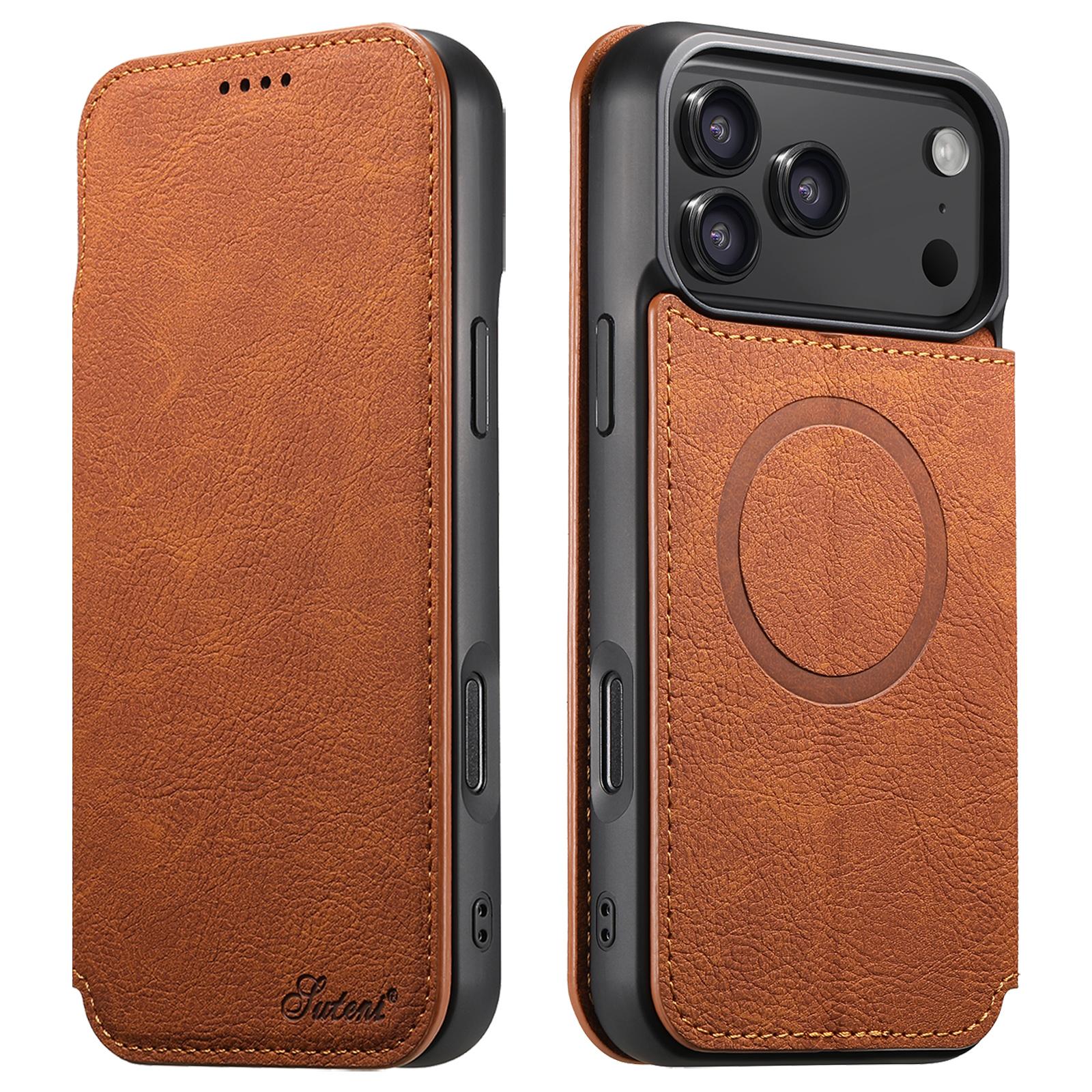 Compatible with iPhone 18 Pro Suteni J06 Retro Matte Litchi Texture Leather MagSafe Phone Case - Khaki