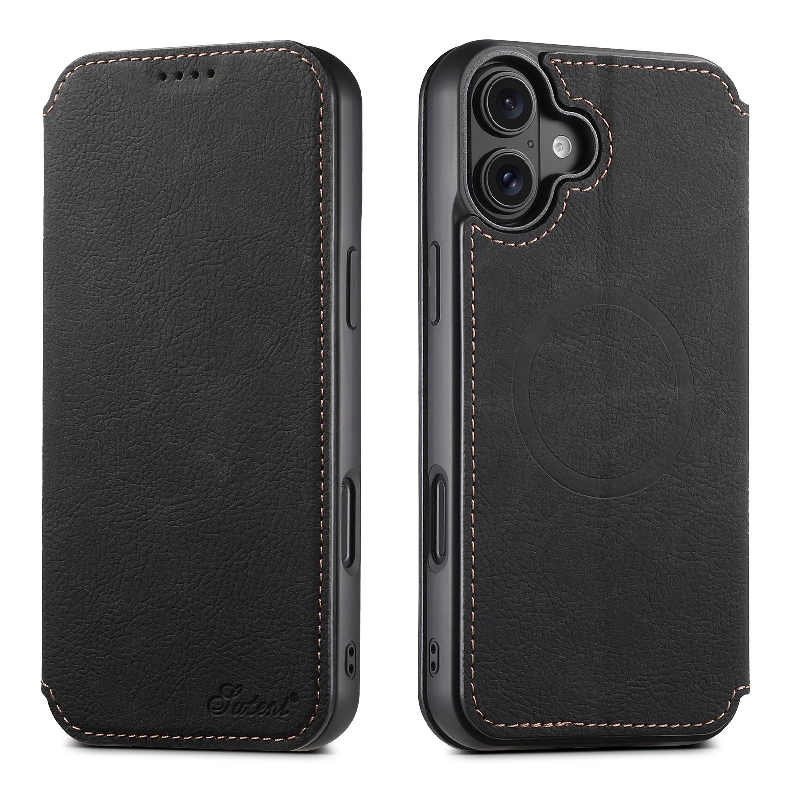 Compatible with iPhone 18 Suteni J06 Retro Matte Litchi Texture Leather MagSafe Phone Case - Black