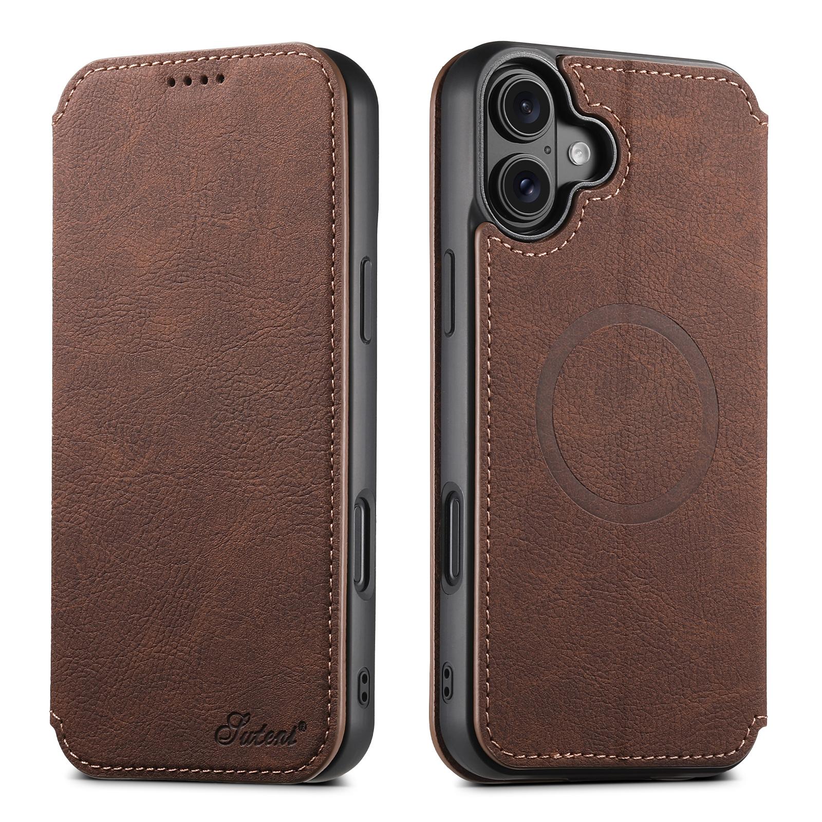 Compatible with iPhone 18 Suteni J06 Retro Matte Litchi Texture Leather MagSafe Phone Case - Brown