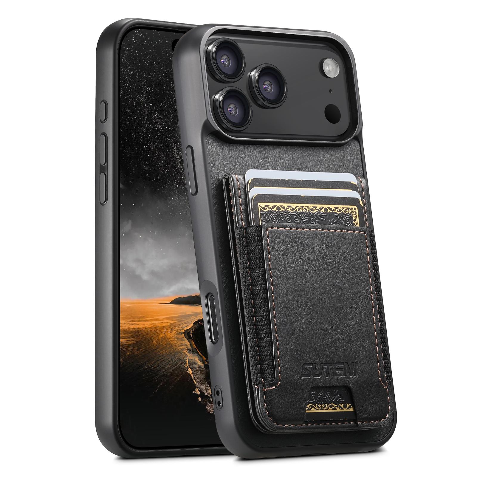 Compatible with iPhone 18 Pro Suteni H03 Oil Wax Leather Wallet Stand Back Phone Case - Black