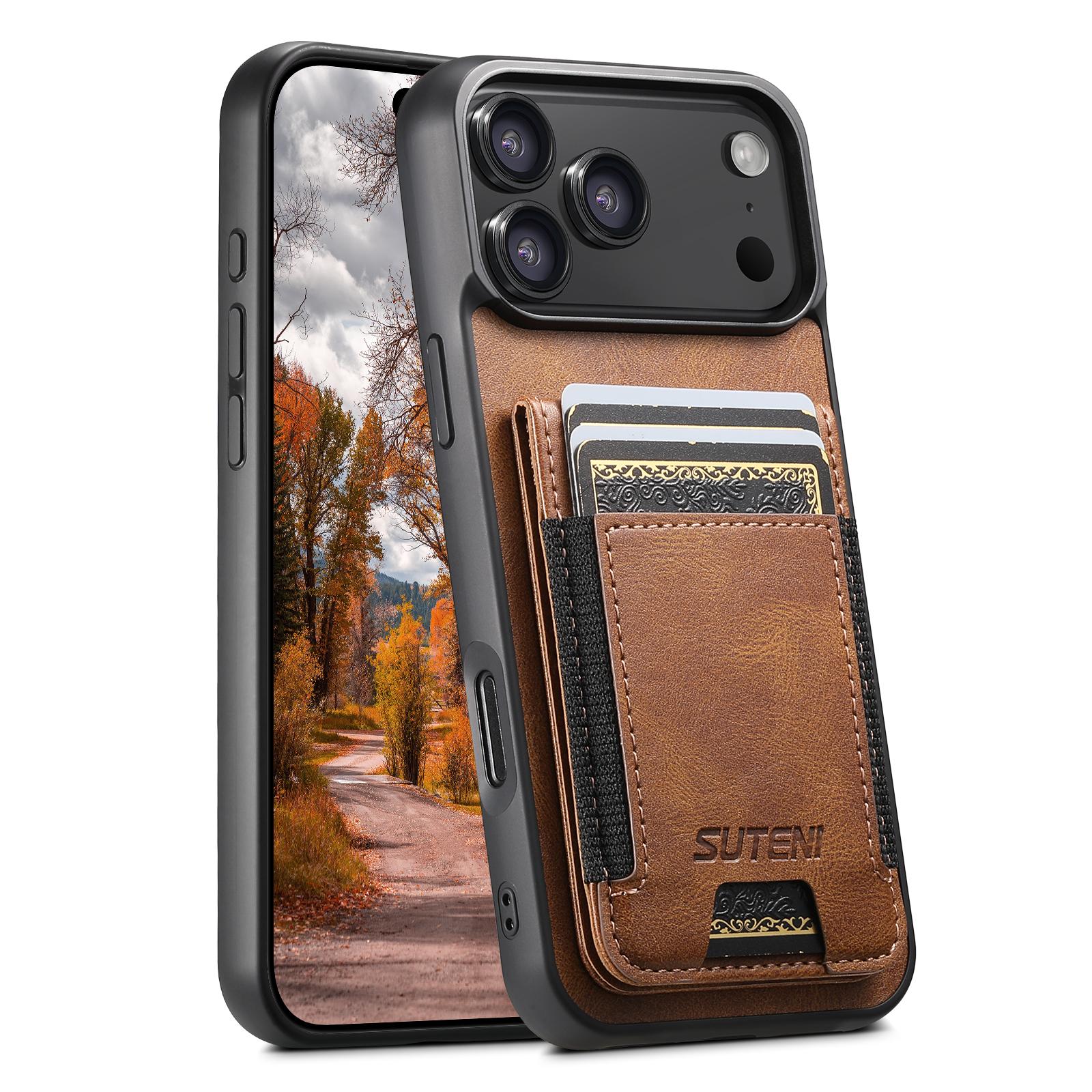 Compatible with iPhone 18 Pro Suteni H03 Oil Wax Leather Wallet Stand Back Phone Case - Brown