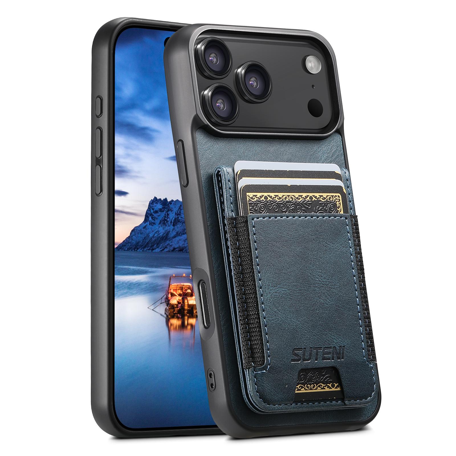 Compatible with iPhone 18 Pro Suteni H03 Oil Wax Leather Wallet Stand Back Phone Case - Blue