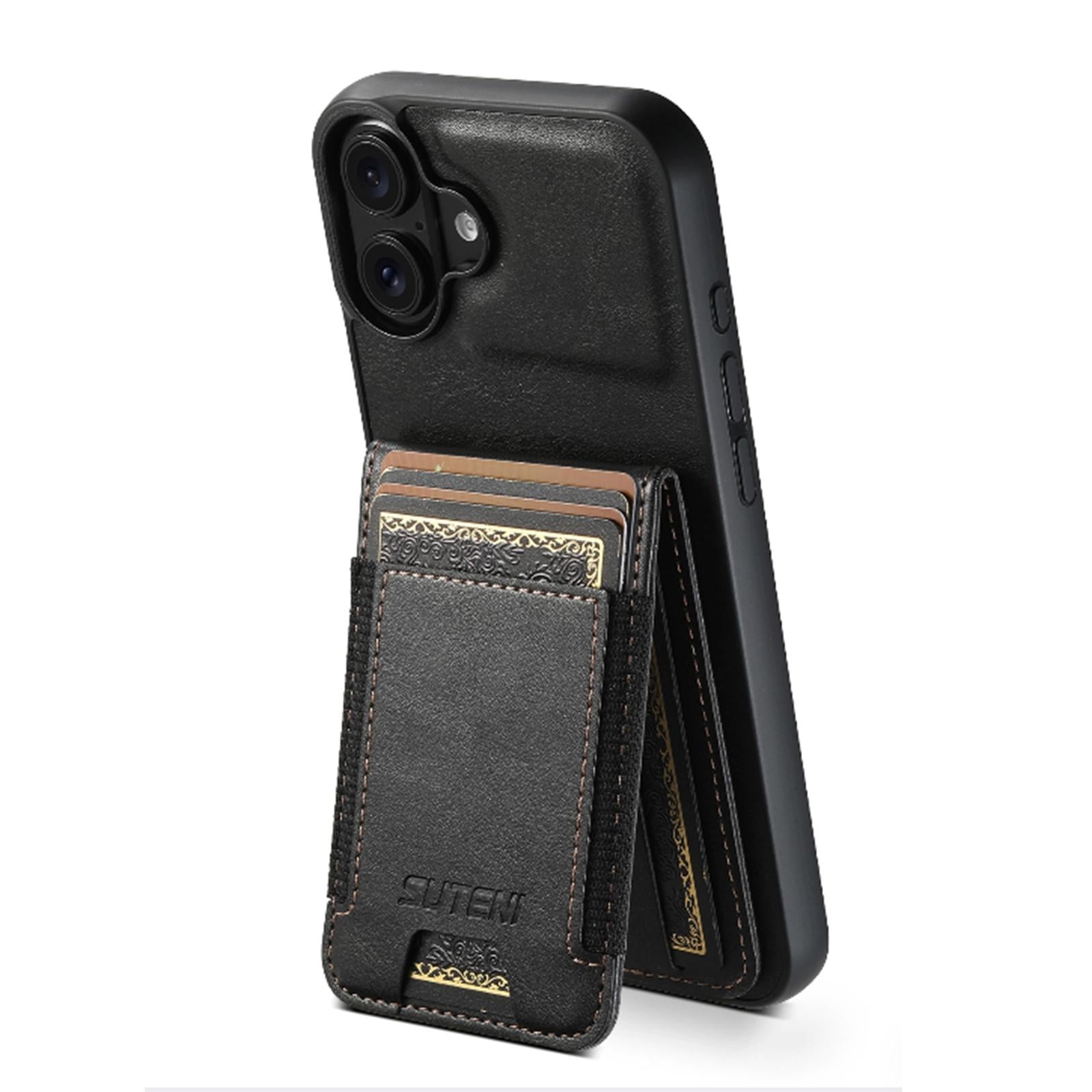 Compatible with iPhone 18 Suteni H03 Oil Wax Leather Wallet Stand Back Phone Case - Black