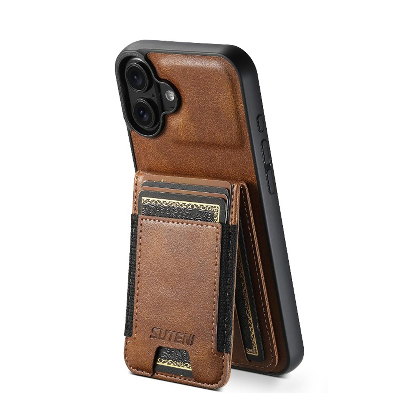 Compatible with iPhone 18 Suteni H03 Oil Wax Leather Wallet Stand Back Phone Case - Brown
