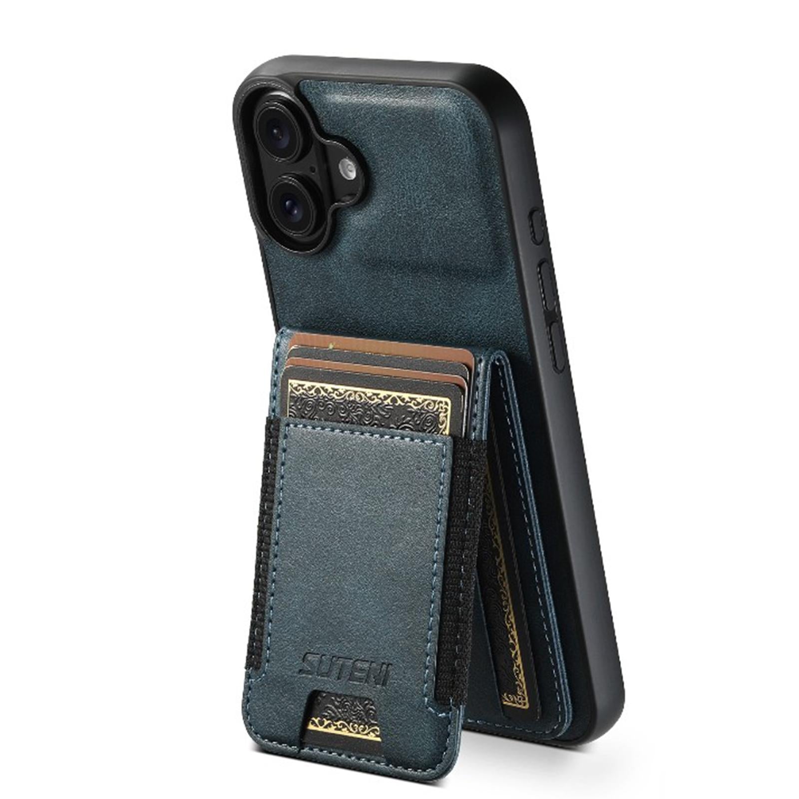 Compatible with iPhone 18 Suteni H03 Oil Wax Leather Wallet Stand Back Phone Case - Blue