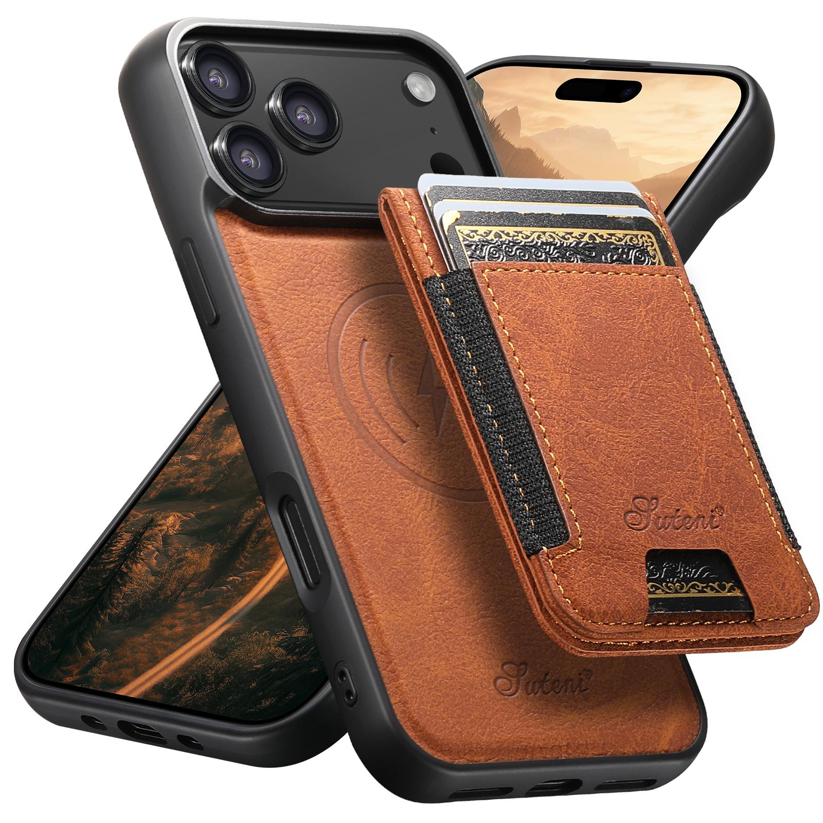 Compatible with iPhone 18 Pro Suteni H17 Litchi Texture Leather MagSafe Detachable Wallet Phone Case - Khaki