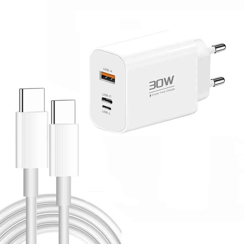 Uniqbuy For PD30W USB-C / Type-C + 8 Pin + USB Charger with Double Headed Type-C Data Cable(EU Plug)