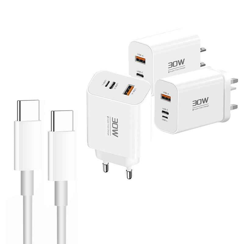 Uniqbuy For PD30W USB-C / Type-C + 8 Pin + USB Charger with Double Headed Type-C Data Cable(EU Plug)