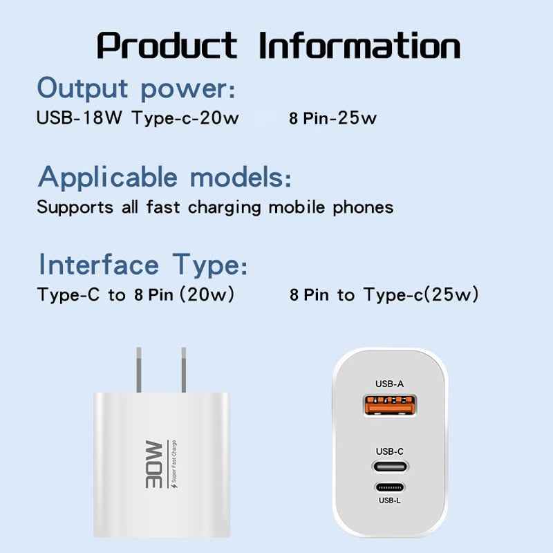 Uniqbuy For PD30W USB-C / Type-C + 8 Pin + USB Charger with Double Headed Type-C Data Cable(EU Plug)