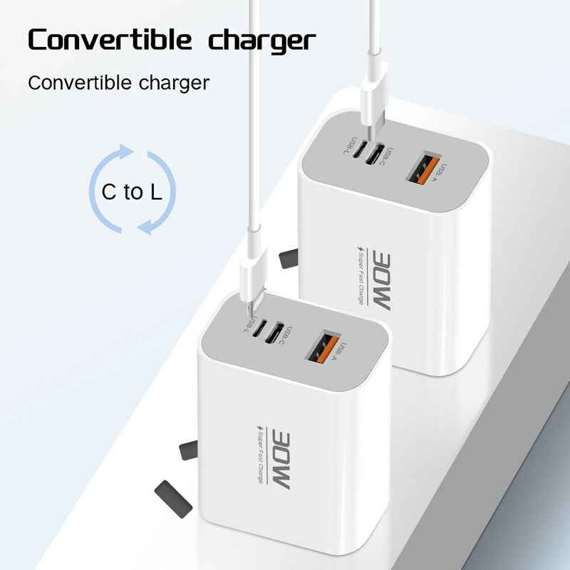 Uniqbuy For PD30W USB-C / Type-C + 8 Pin + USB Charger with Double Headed Type-C Data Cable(EU Plug)