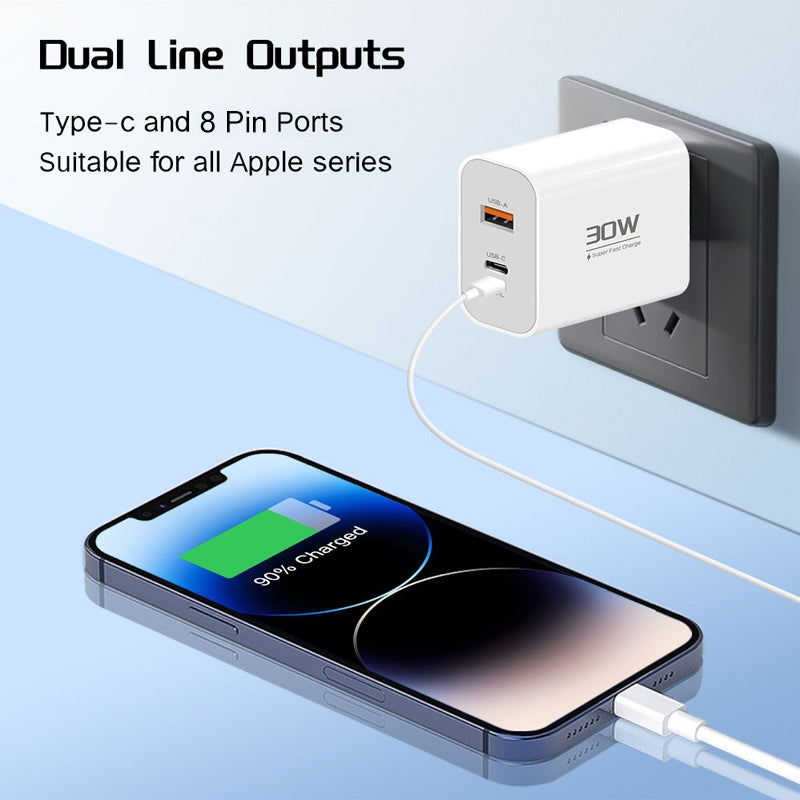 PD30W USB-C / Type-C + 8 Pin + USB Charger with Double Headed Type-C Data Cable(EU Plug)