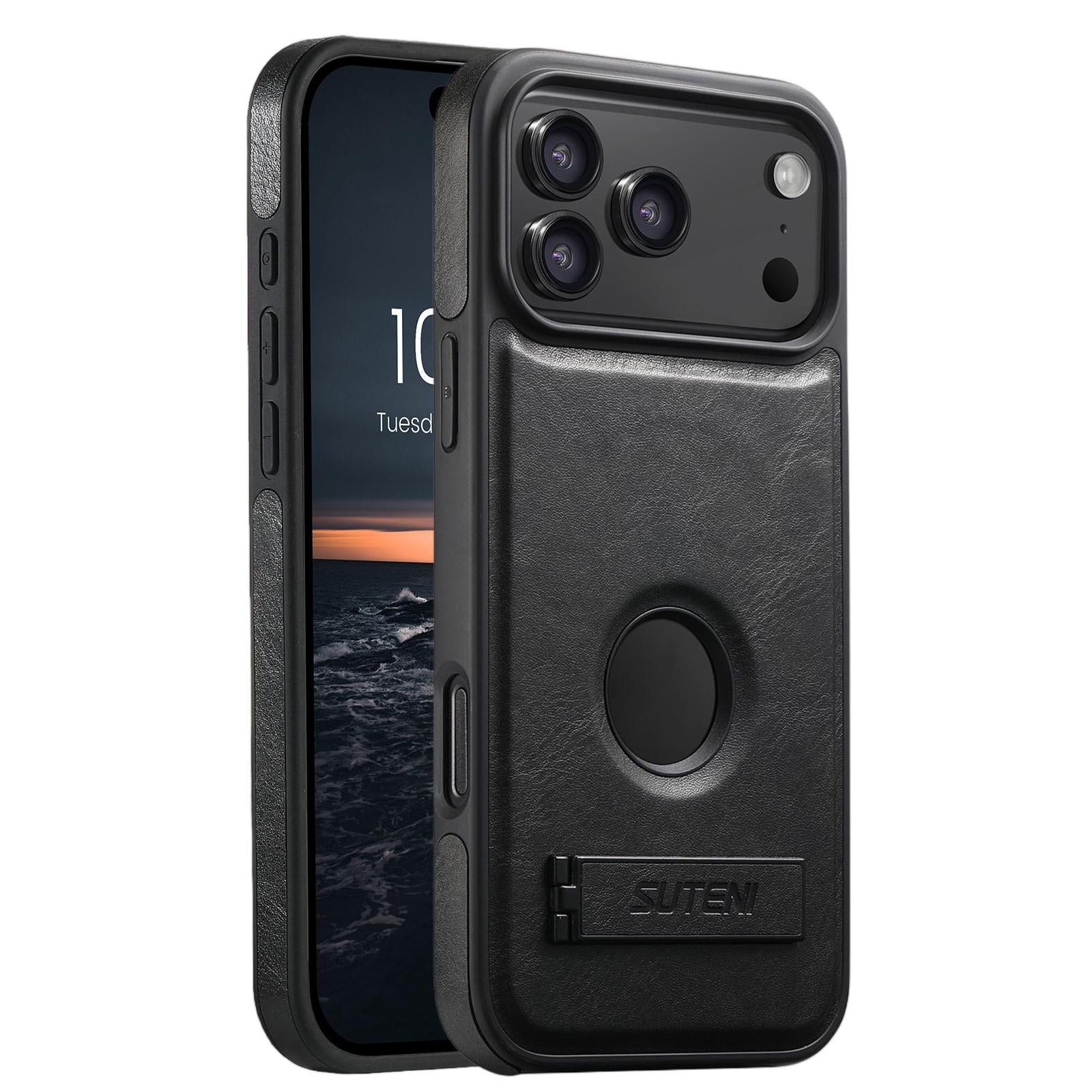 Compatible with iPhone 18 Pro Suteni G2 Magsafe Oil Wax Leather Back Phone Case with Holder - Black