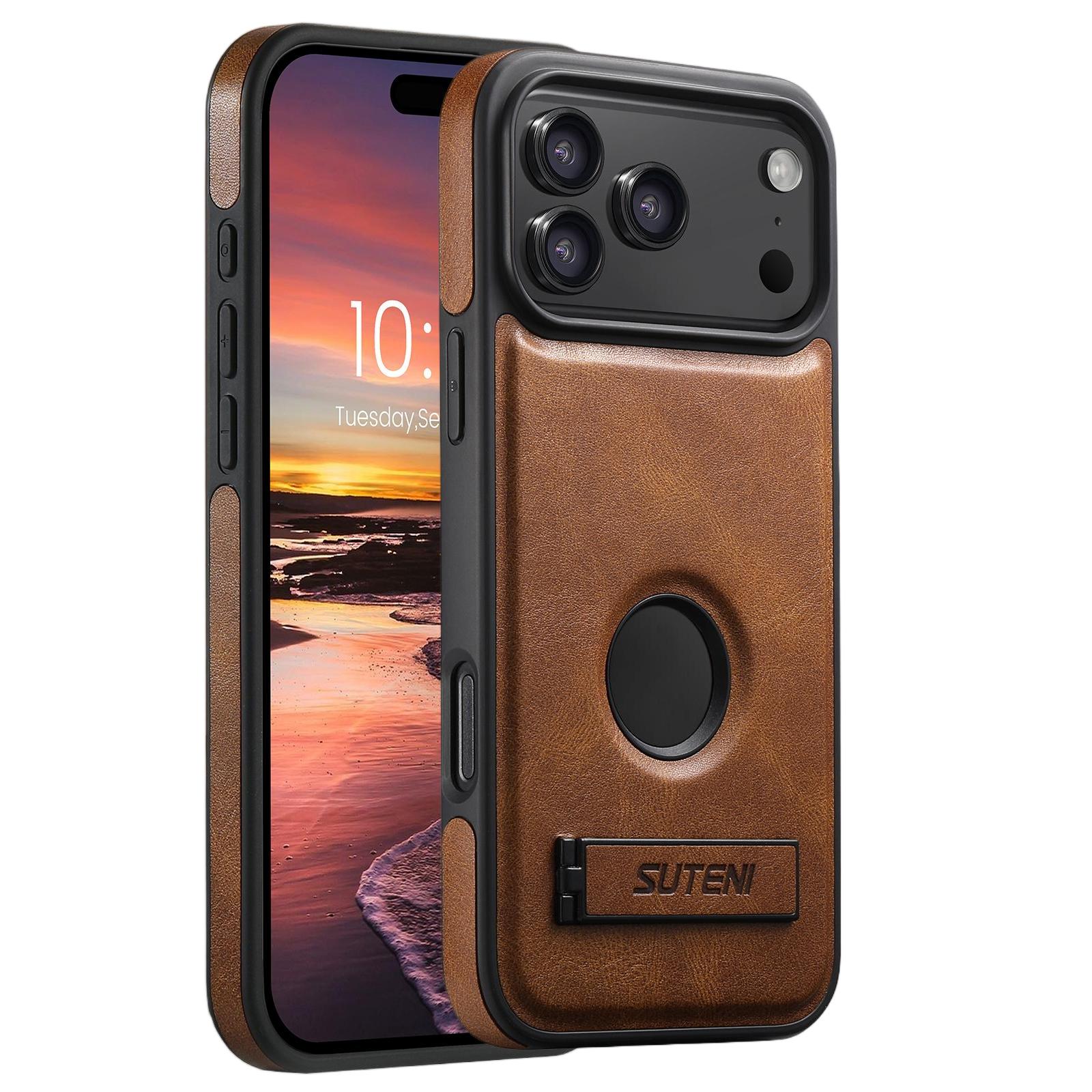 Compatible with iPhone 18 Pro Suteni G2 Magsafe Oil Wax Leather Back Phone Case with Holder - Brown