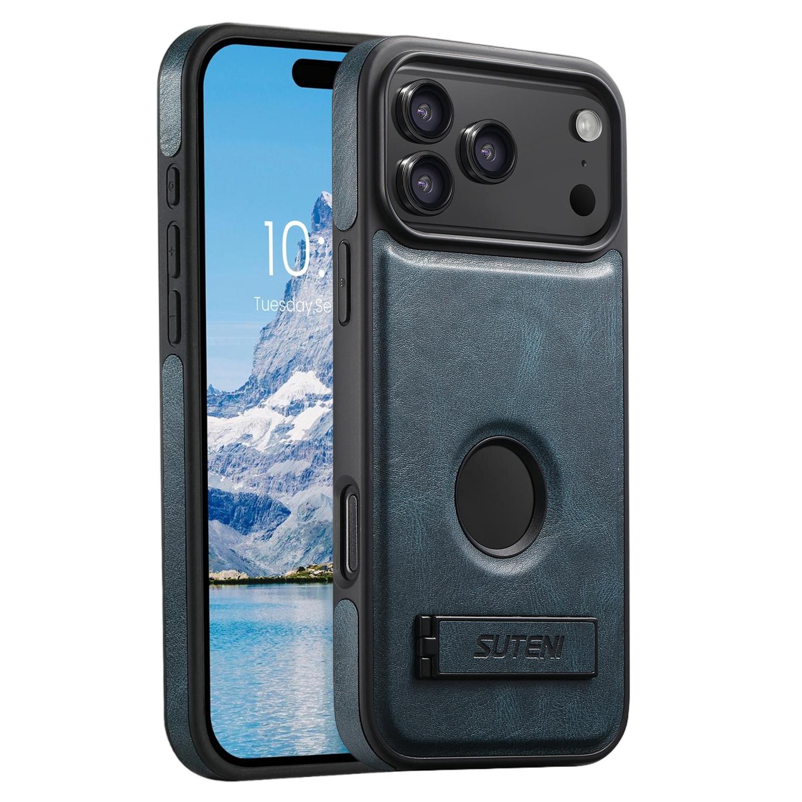 Compatible with iPhone 18 Pro Suteni G2 Magsafe Oil Wax Leather Back Phone Case with Holder - Blue