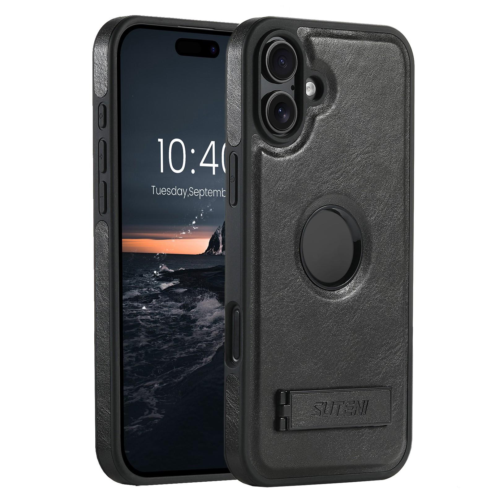 Compatible with iPhone 18 Suteni G2 Magsafe Oil Wax Leather Back Phone Case with Holder - Black