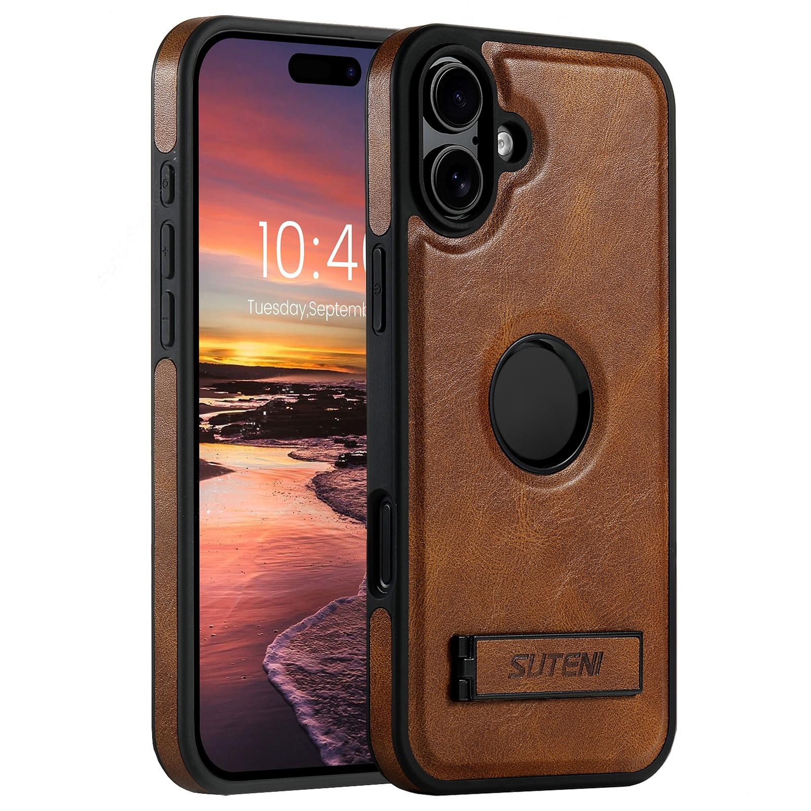 Compatible with iPhone 18 Suteni G2 Magsafe Oil Wax Leather Back Phone Case with Holder - Brown