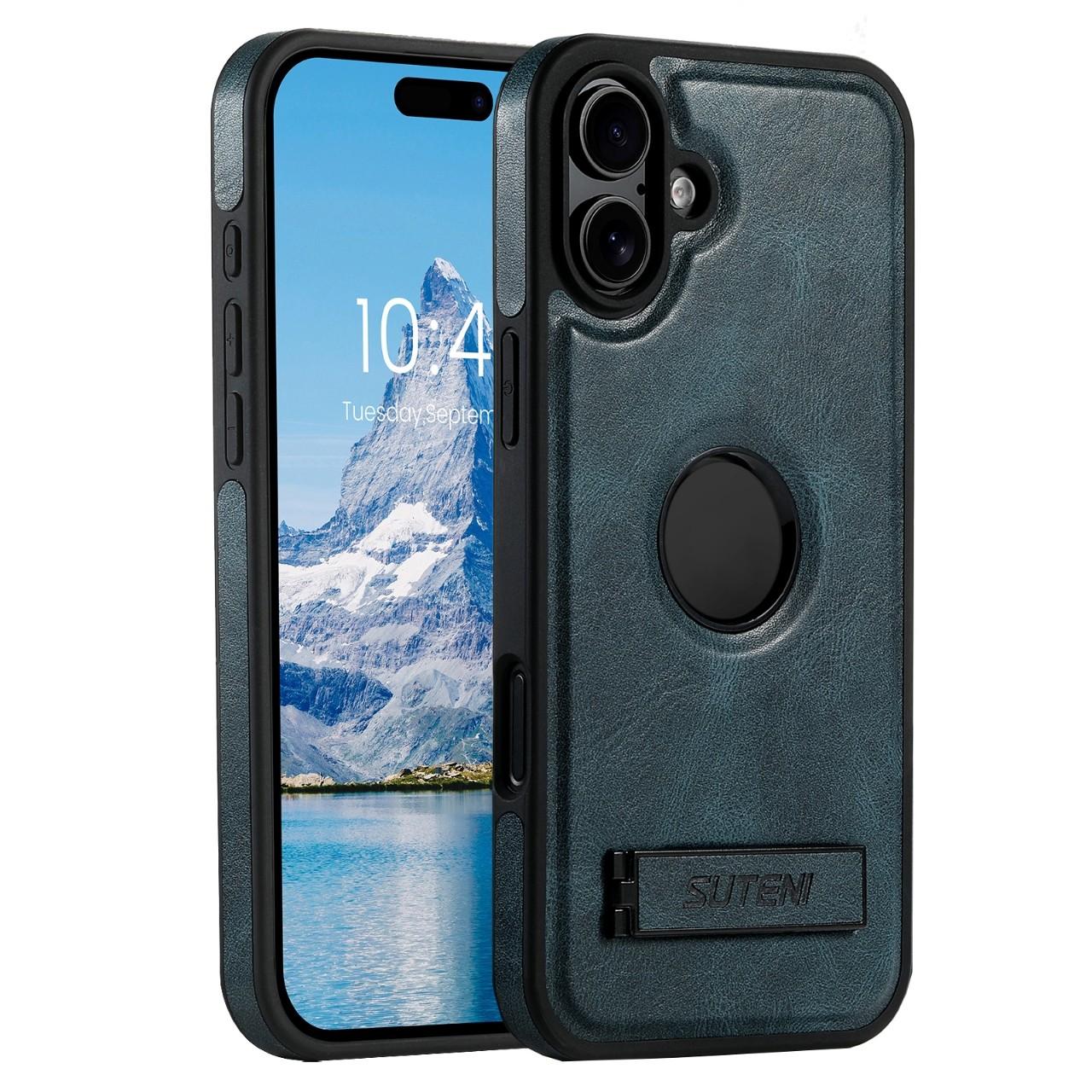Compatible with iPhone 18 Suteni G2 Magsafe Oil Wax Leather Back Phone Case with Holder - Blue