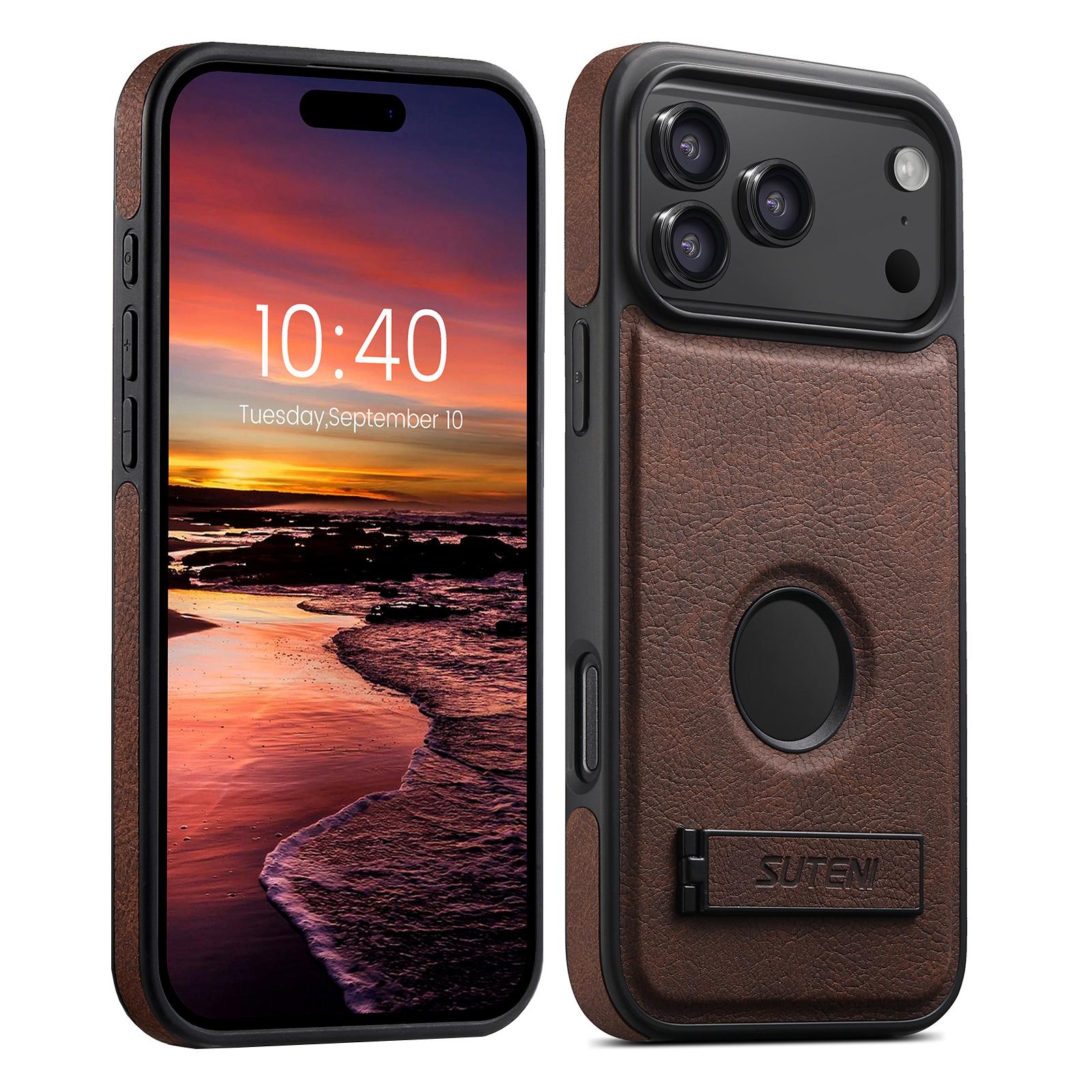 Compatible with iPhone 18 Pro Suteni G2 Magsafe Litchi Texture Leather Back Phone Case with Holder - Brown