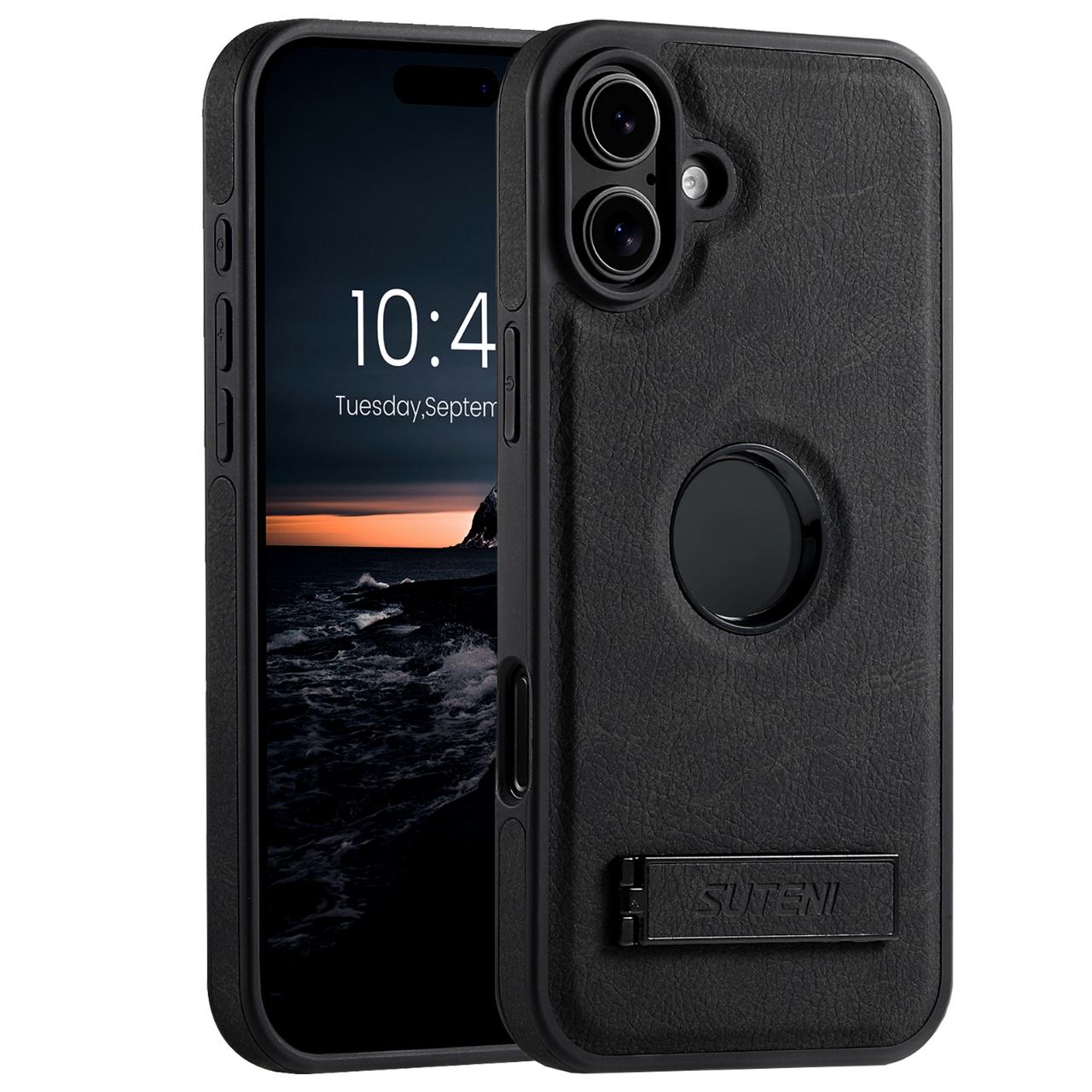 Compatible with iPhone 18 Suteni G2 Magsafe Litchi Texture Leather Back Phone Case with Holder - Black