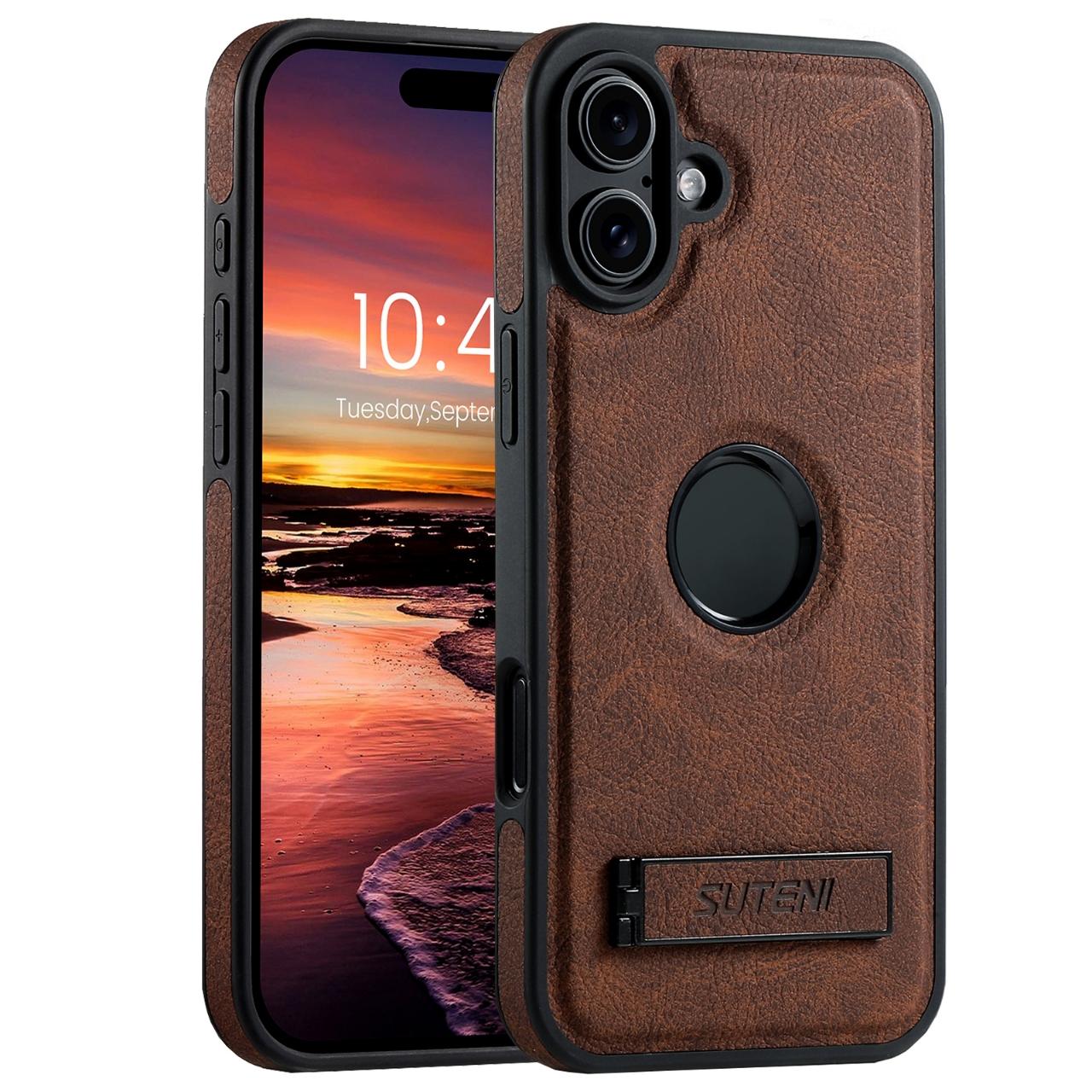 Compatible with iPhone 18 Suteni G2 Magsafe Litchi Texture Leather Back Phone Case with Holder - Brown