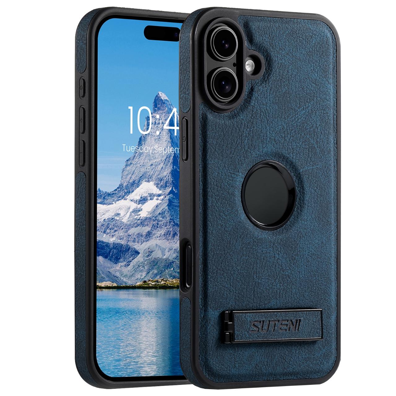 Compatible with iPhone 18 Suteni G2 Magsafe Litchi Texture Leather Back Phone Case with Holder - Blue