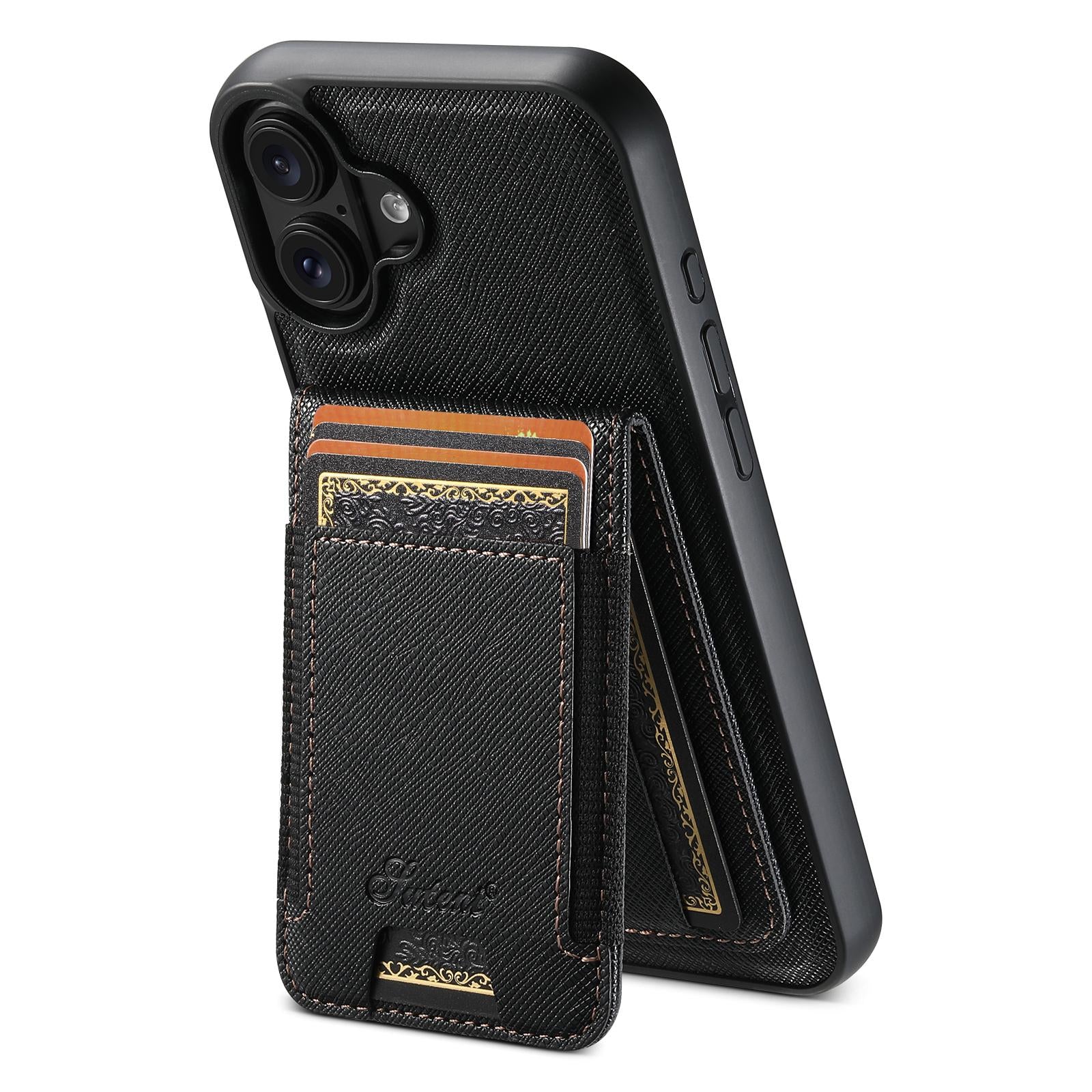 Compatible with iPhone 18 Suteni H17 Cross Grain Leather MagSafe Detachable Wallet Phone Case - Black