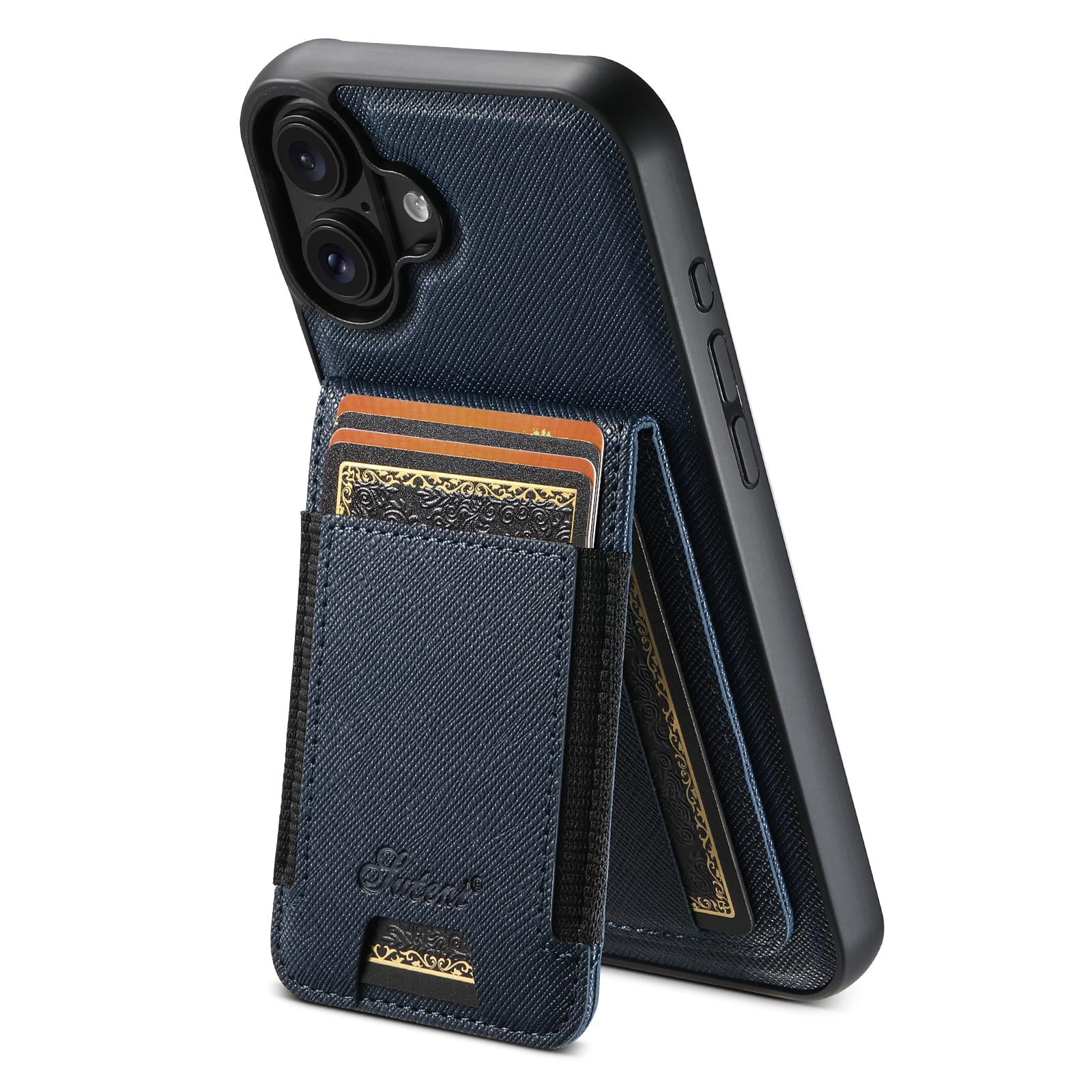 Compatible with iPhone 18 Suteni H17 Cross Grain Leather MagSafe Detachable Wallet Phone Case - Blue