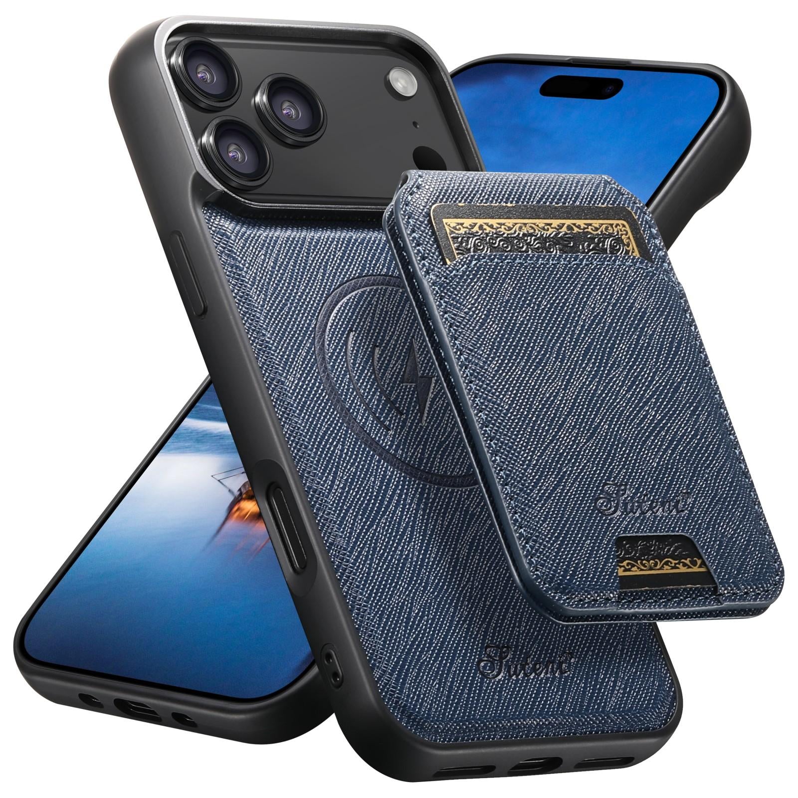 Compatible with iPhone 18 Pro Suteni H18 Cross Grain MagSafe Wallet Leather Phone Case - Blue