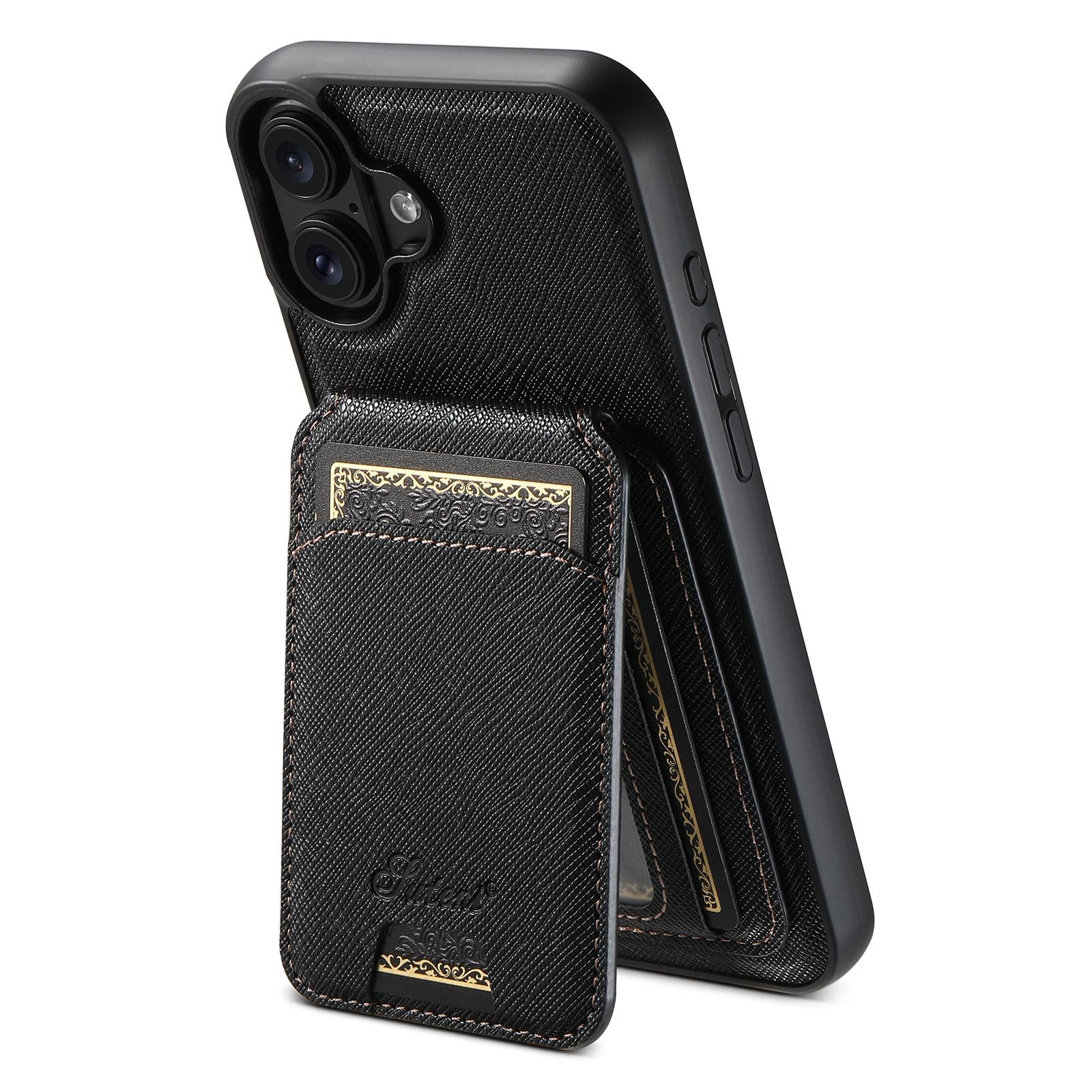 Compatible with iPhone 18 Suteni H18 Cross Grain MagSafe Wallet Leather Phone Case - Black