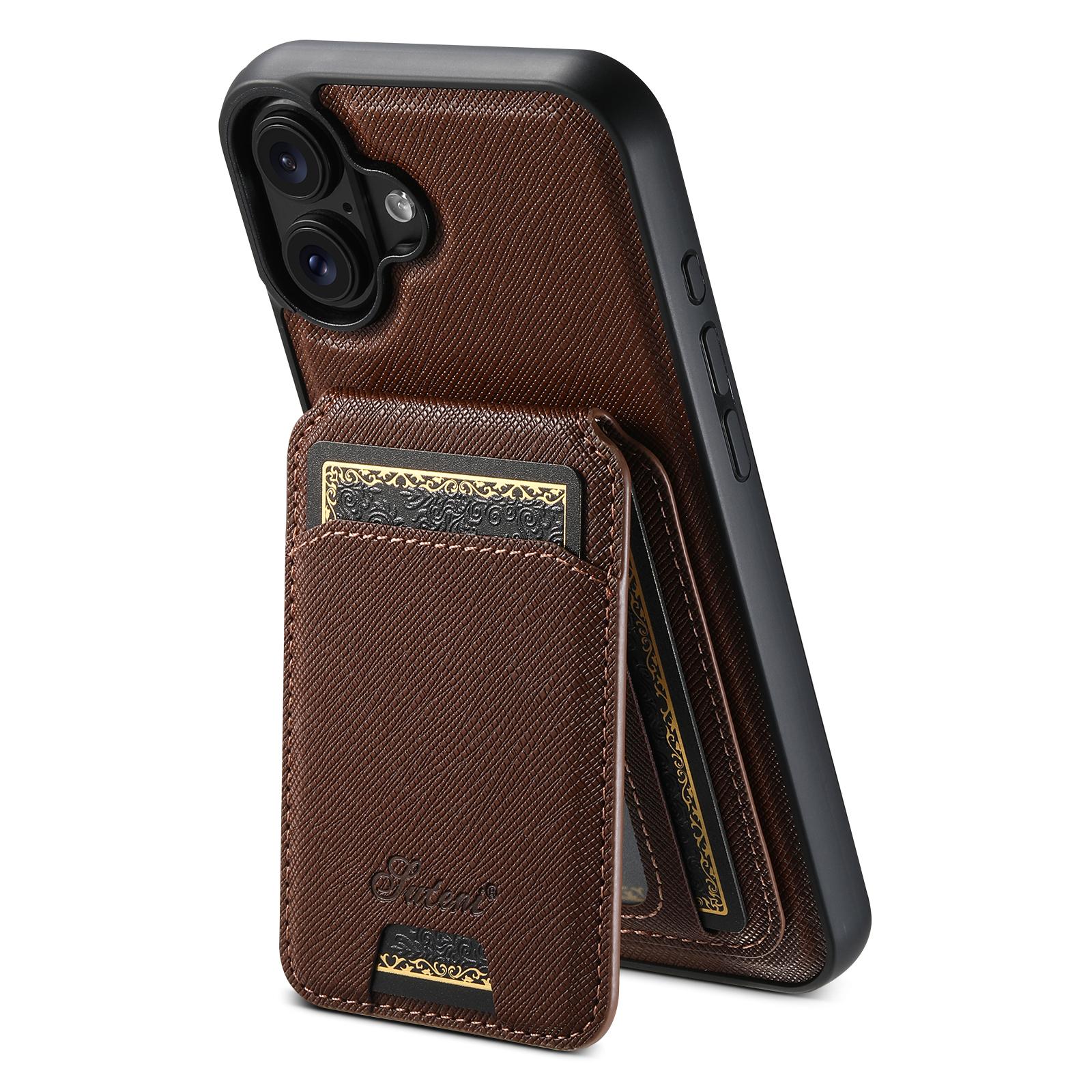 Compatible with iPhone 18 Suteni H18 Cross Grain MagSafe Wallet Leather Phone Case - Brown