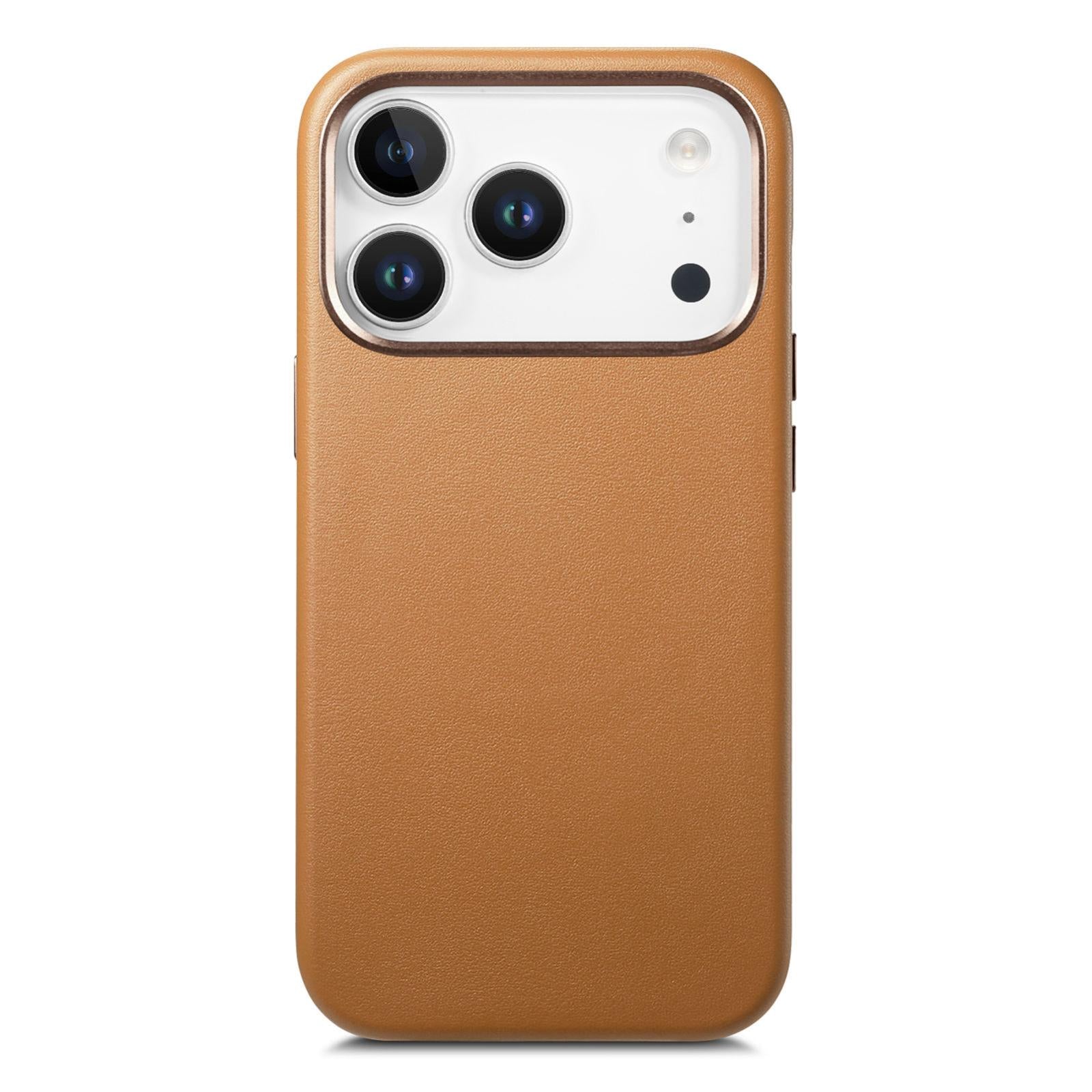 Compatible with iPhone 18 Pro Electroplated Metal Button MagSafe Phone Case - Brown