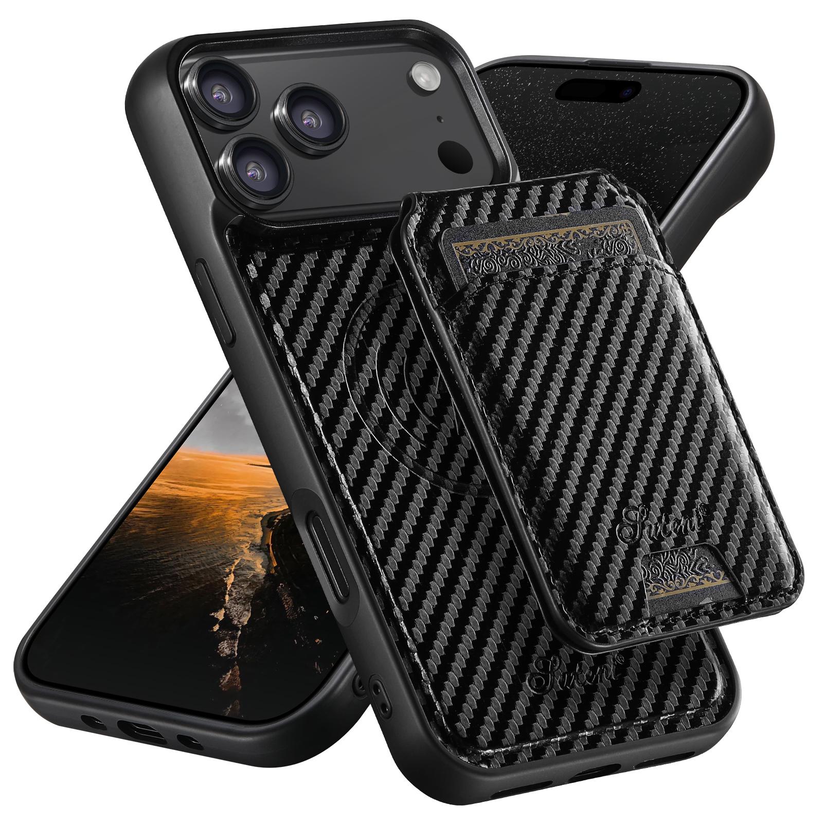Compatible with iPhone 18 Pro Suteni TXWH18 Carbon Fiber Texture Detachable Wallet MagSafe Phone Case - Black