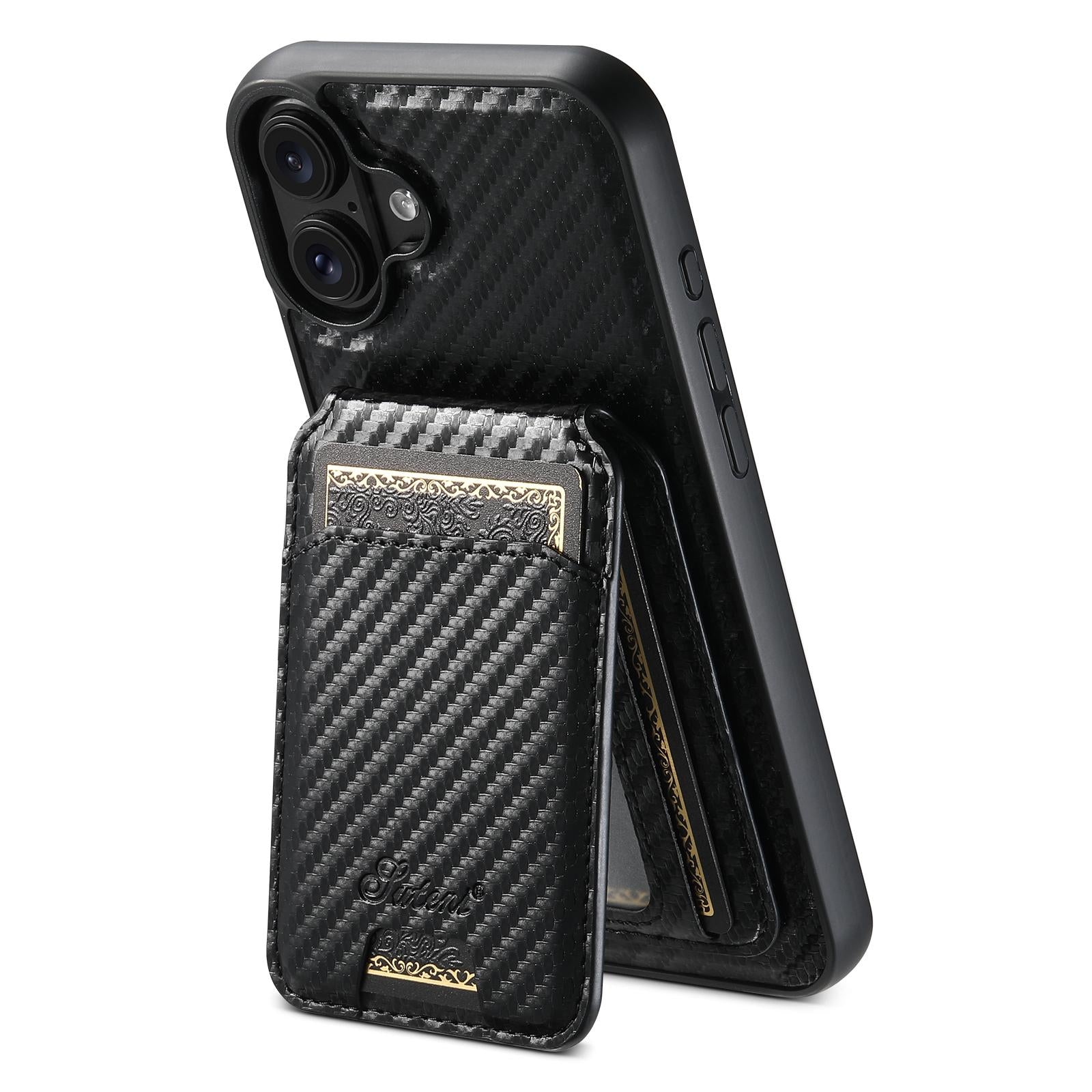 Compatible with iPhone 18 Suteni TXWH18 Carbon Fiber Texture Detachable Wallet MagSafe Phone Case - Black