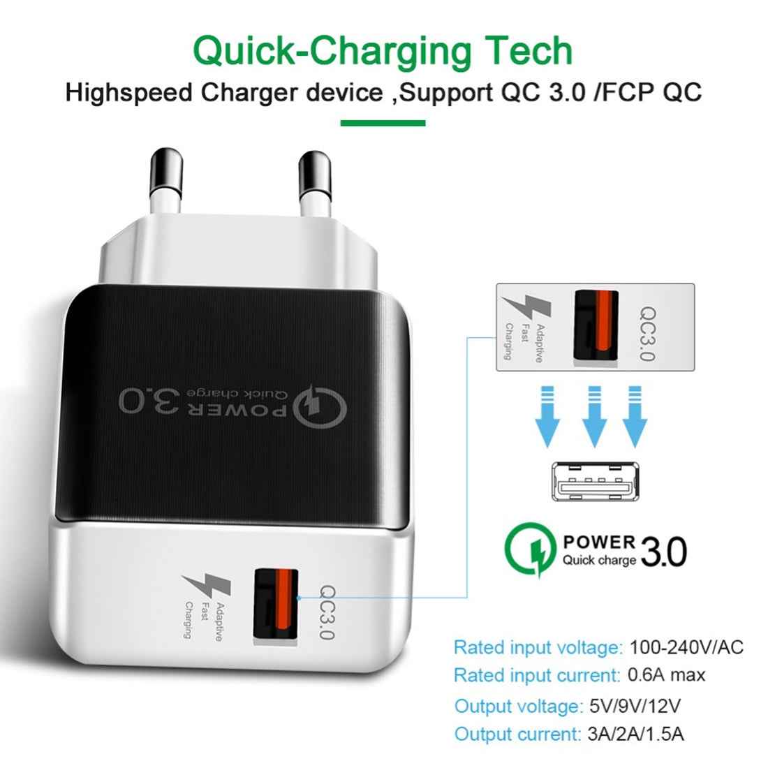Uniqbuy For 1USB QC 3.0 Wire Drawing Quick Charger EU Plug(black)